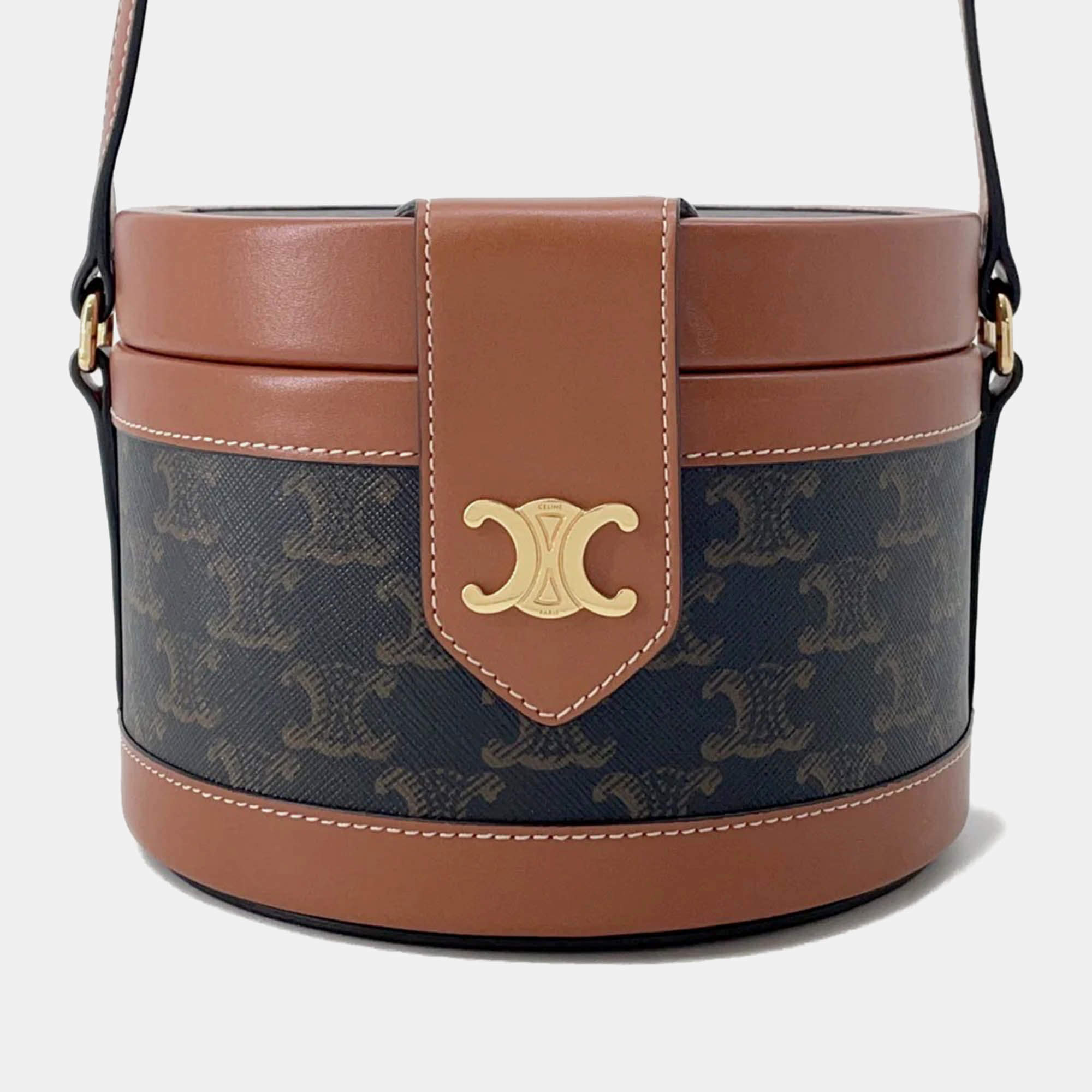 Pre Owned Celine Tambour Triomphe Medium Tan Canvas Leather Shoulder Bag