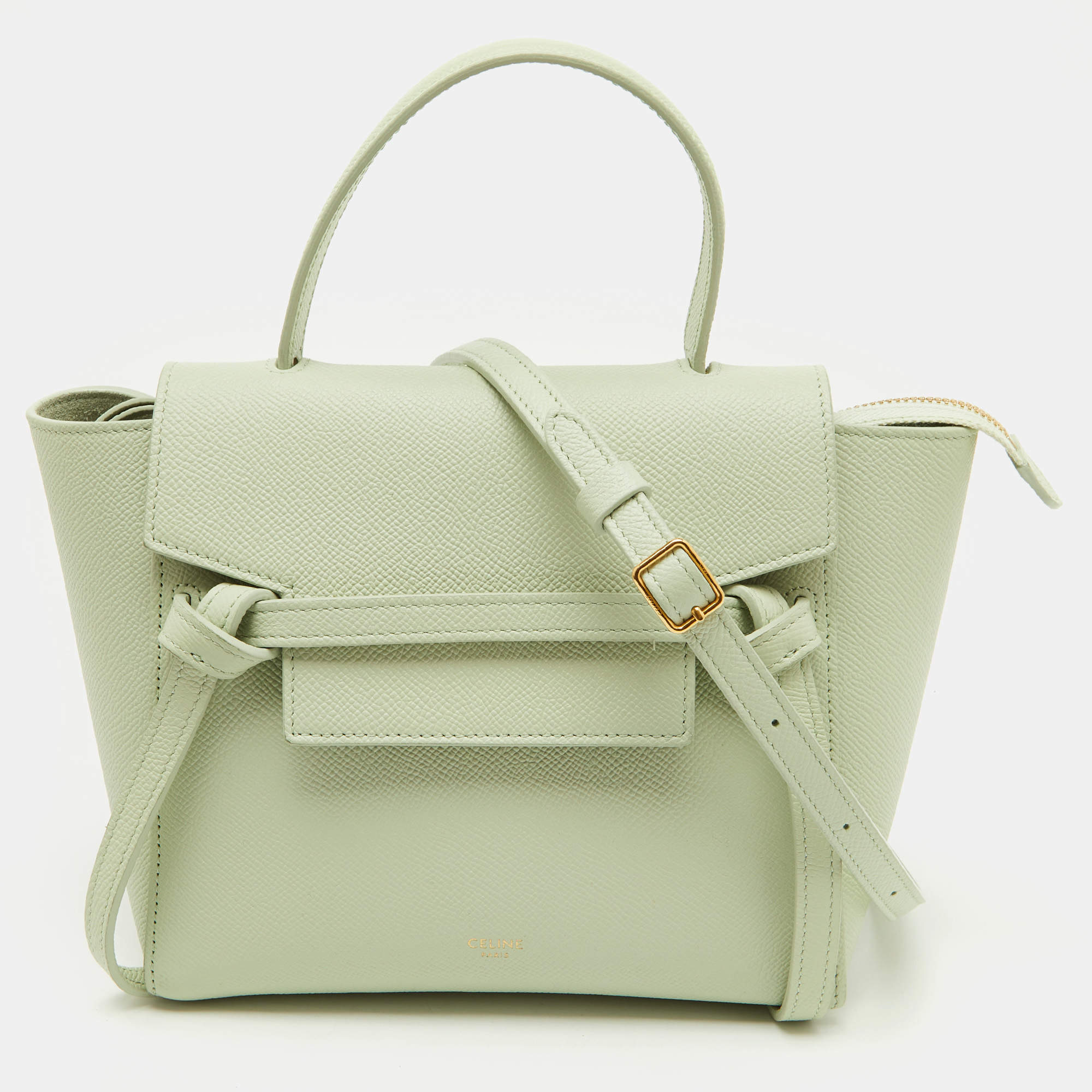 Pre Owned Celine Pale Green Leather Nano Belt Top Handle Bag