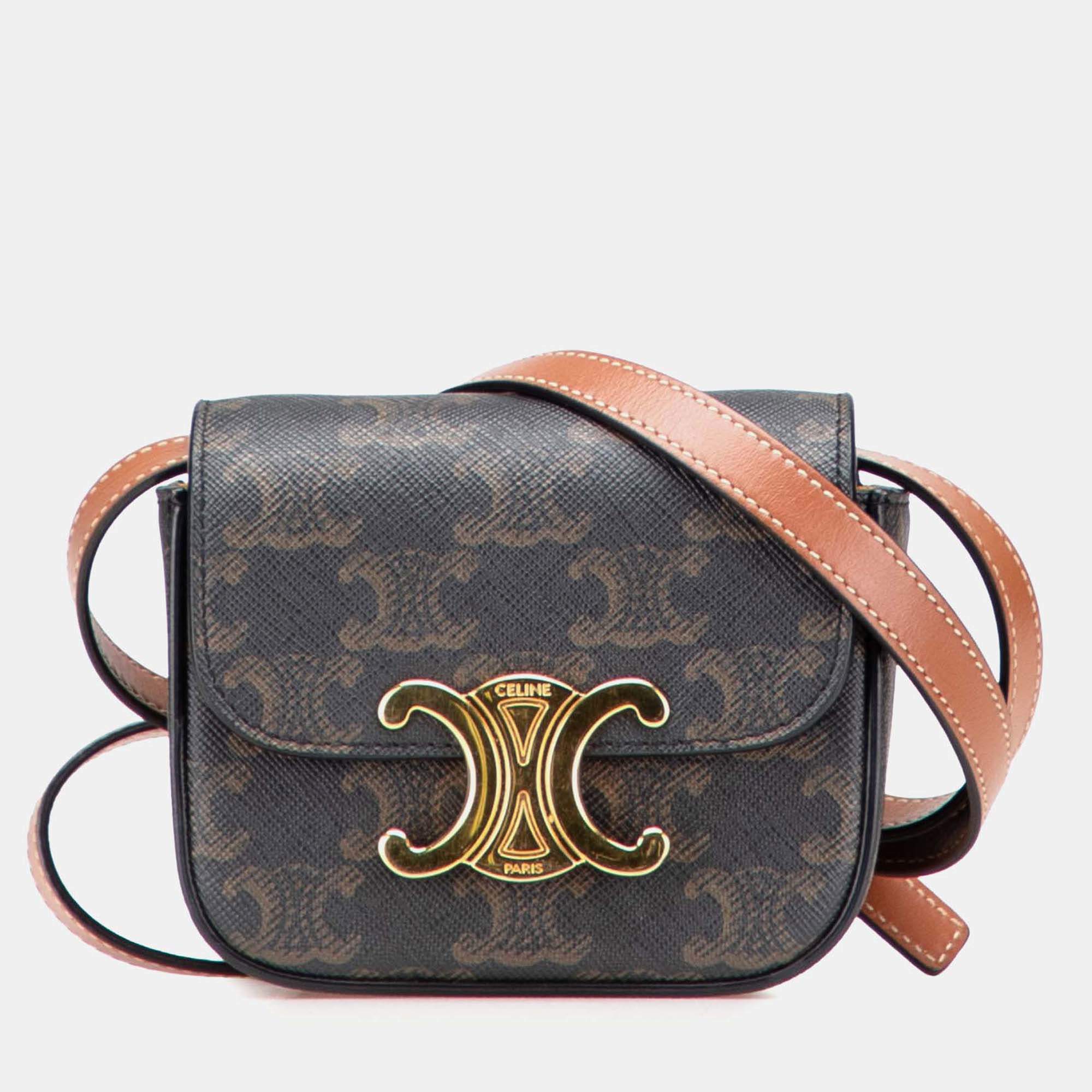 Pre Owned Celine Brown Mini Triomphe Coated Canvas Triomphe Crossbody