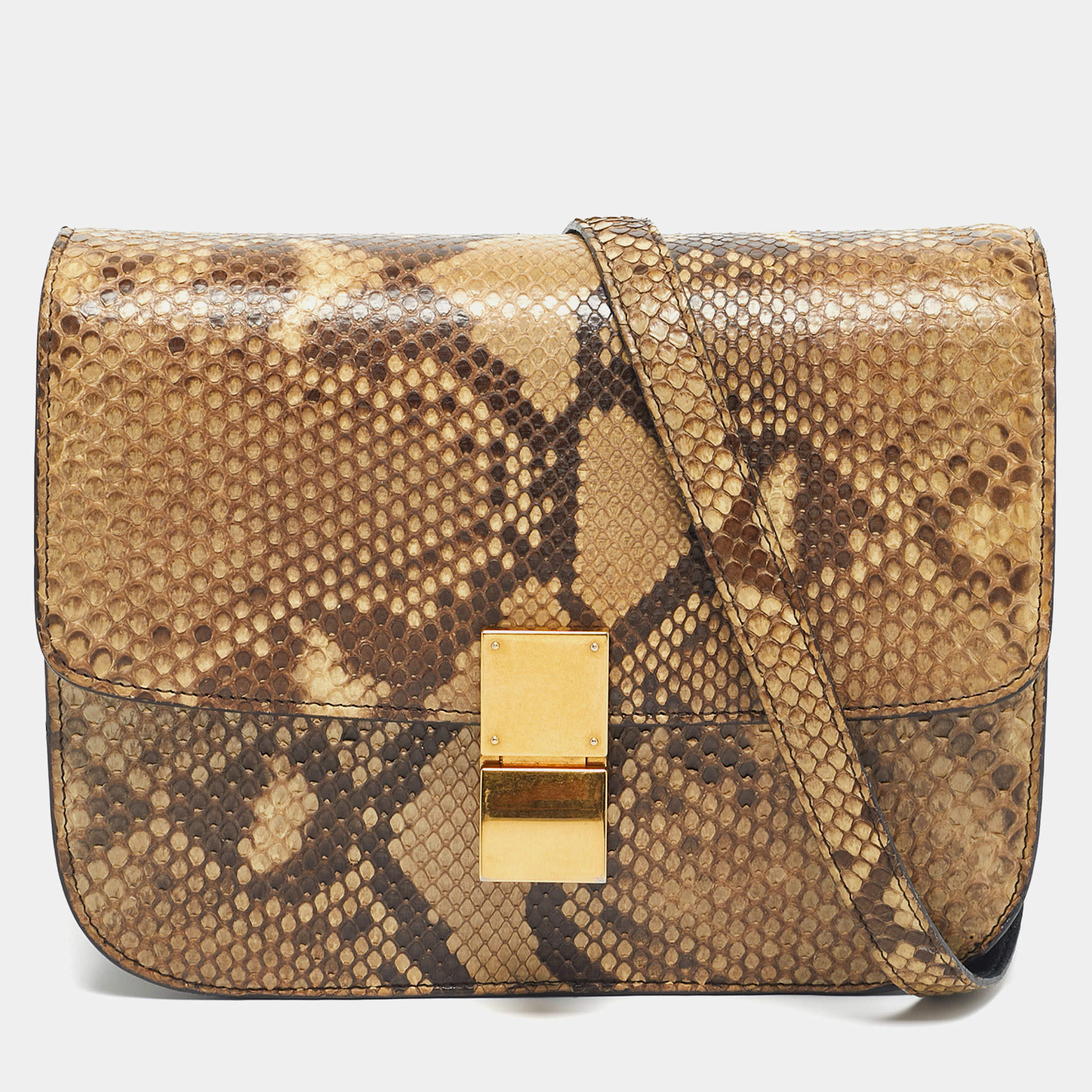 Pre Owned Celine Beige Python Medium Classic Box Shoulder Bag