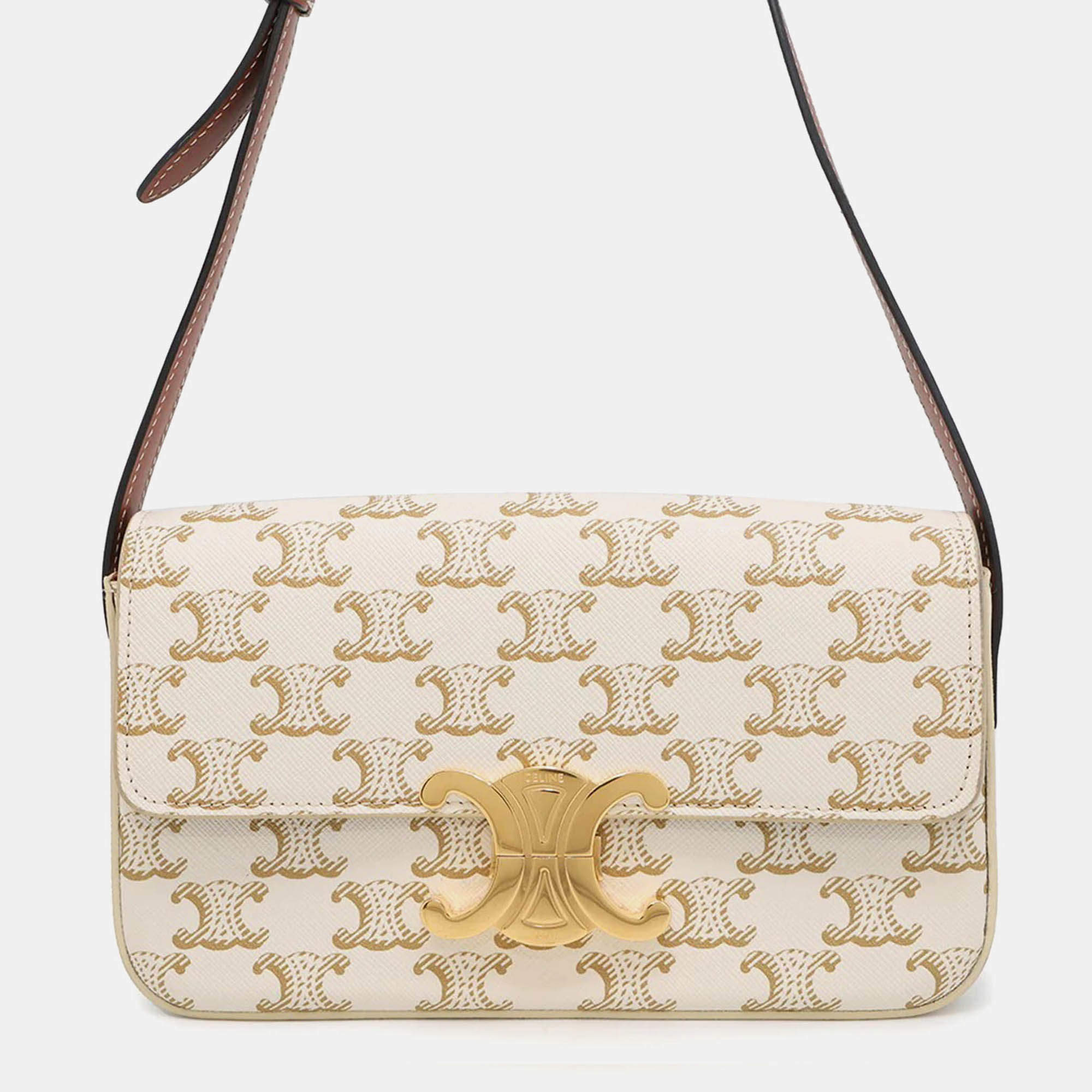 Pre Owned Celine Claude Triomphe One Shoulder Bag White PVC Calf Leather