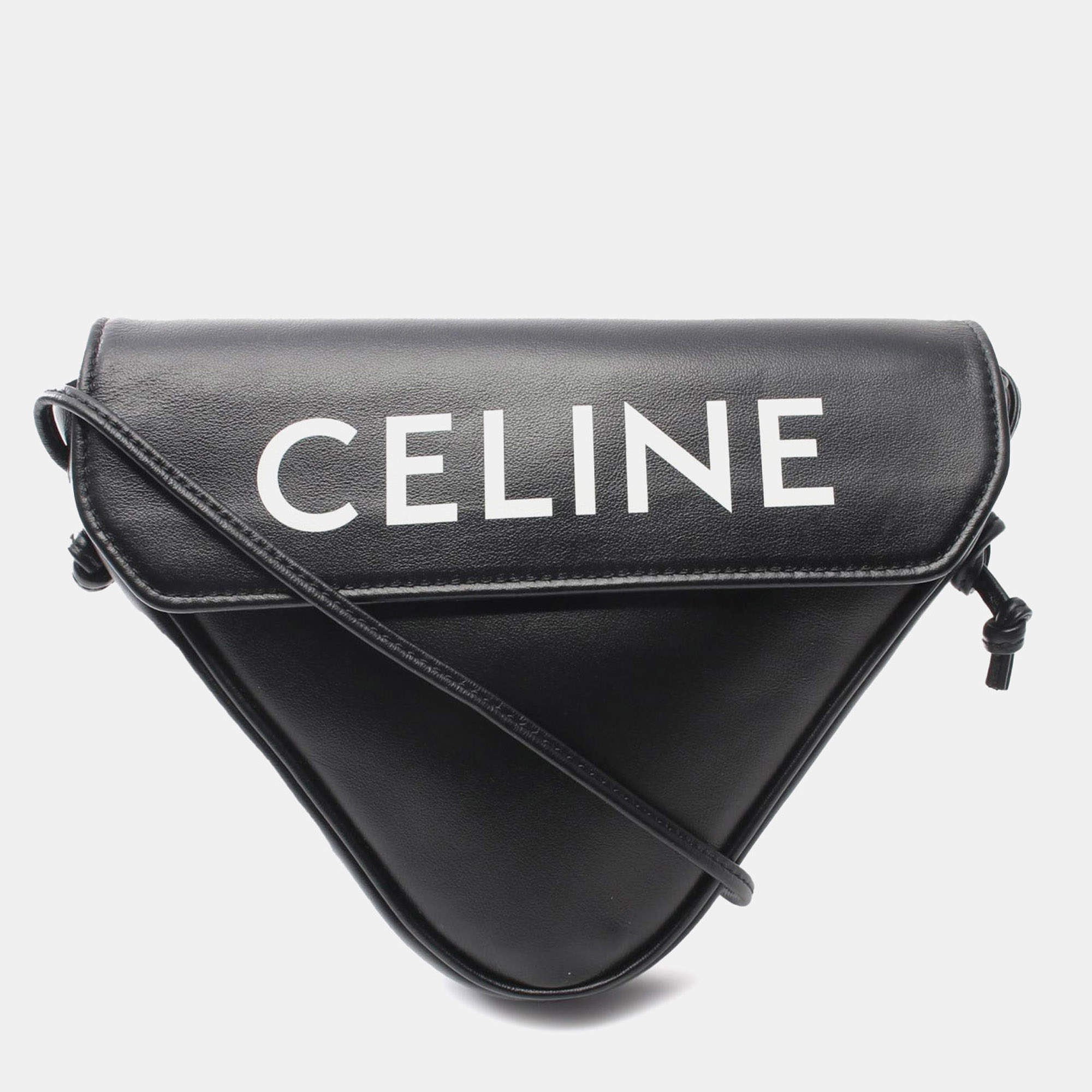 Pre Owned Celine Black Smooth Calfskin Logo Triangle Crossbody Bag