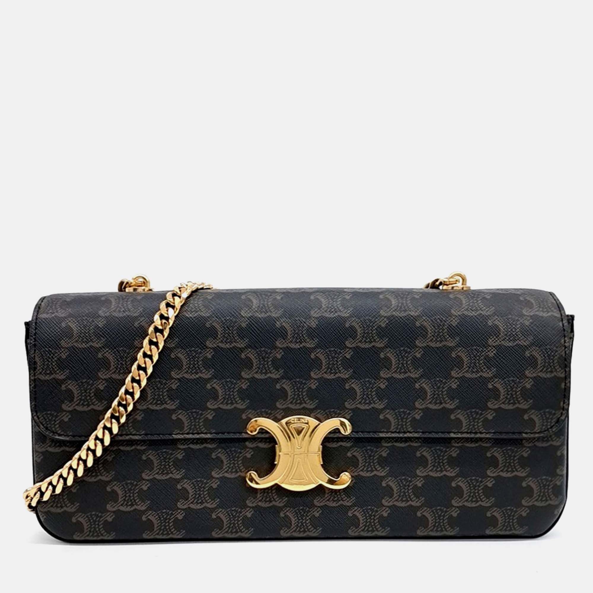 Pre Owned Celine Brown Coated Canvas Triumph Chain Shoulder Bag