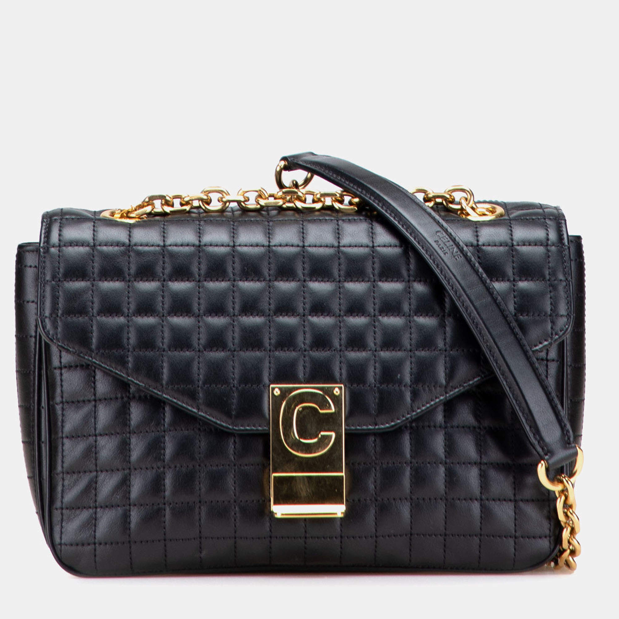 Pre Owned Celine Black Medium Quilted Calfskin C Crossbody