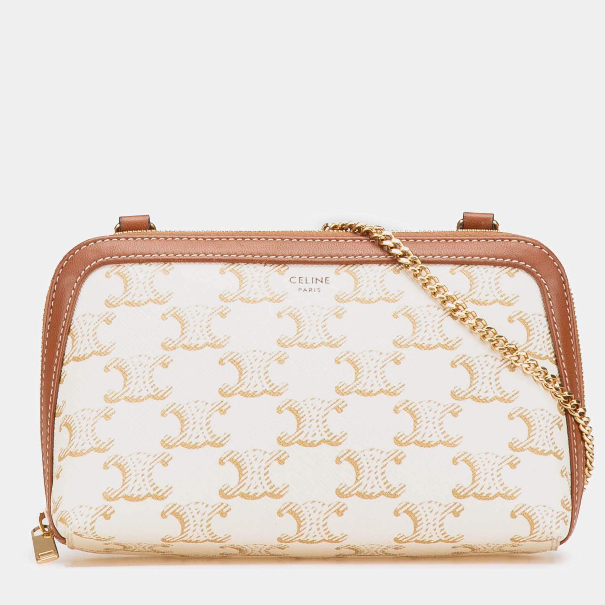 Pre Owned Celine Brown White Triomphe Coated Canvas Clutch On Chain