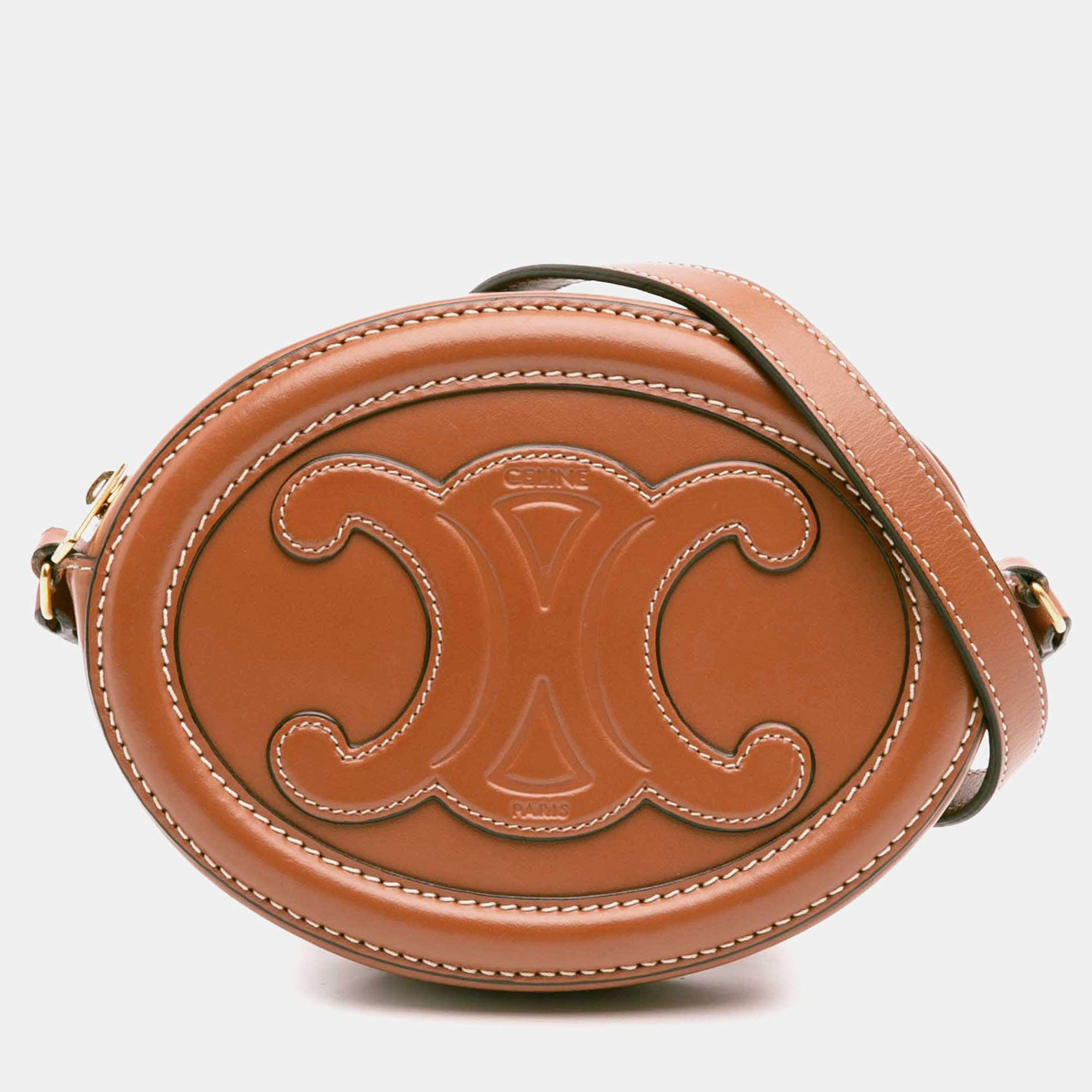Pre Owned Celine Brown Small Calfskin Cuir Triomphe Oval Crossbody