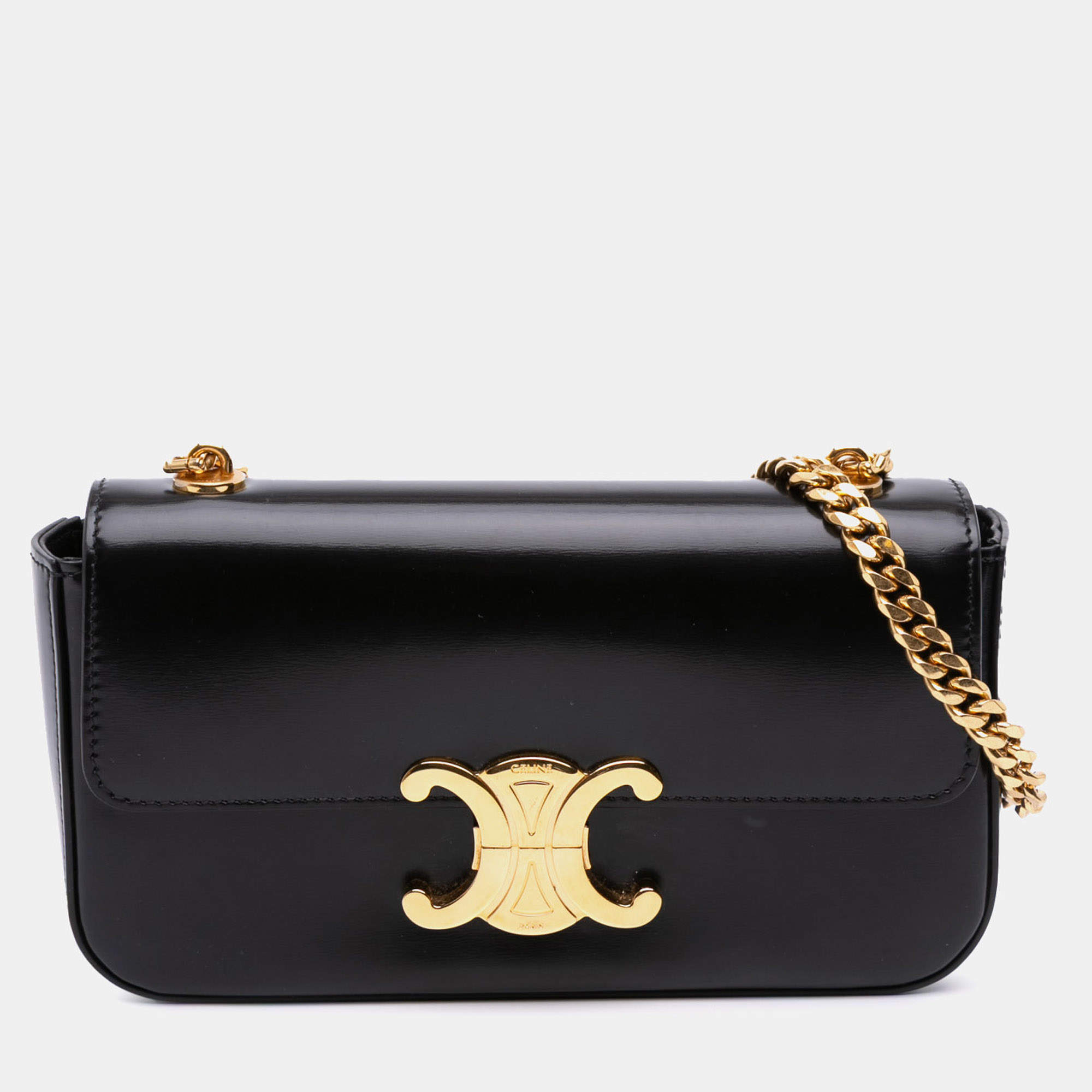 Pre Owned Celine Black Shiny Calfskin Claude Chain Shoulder Bag