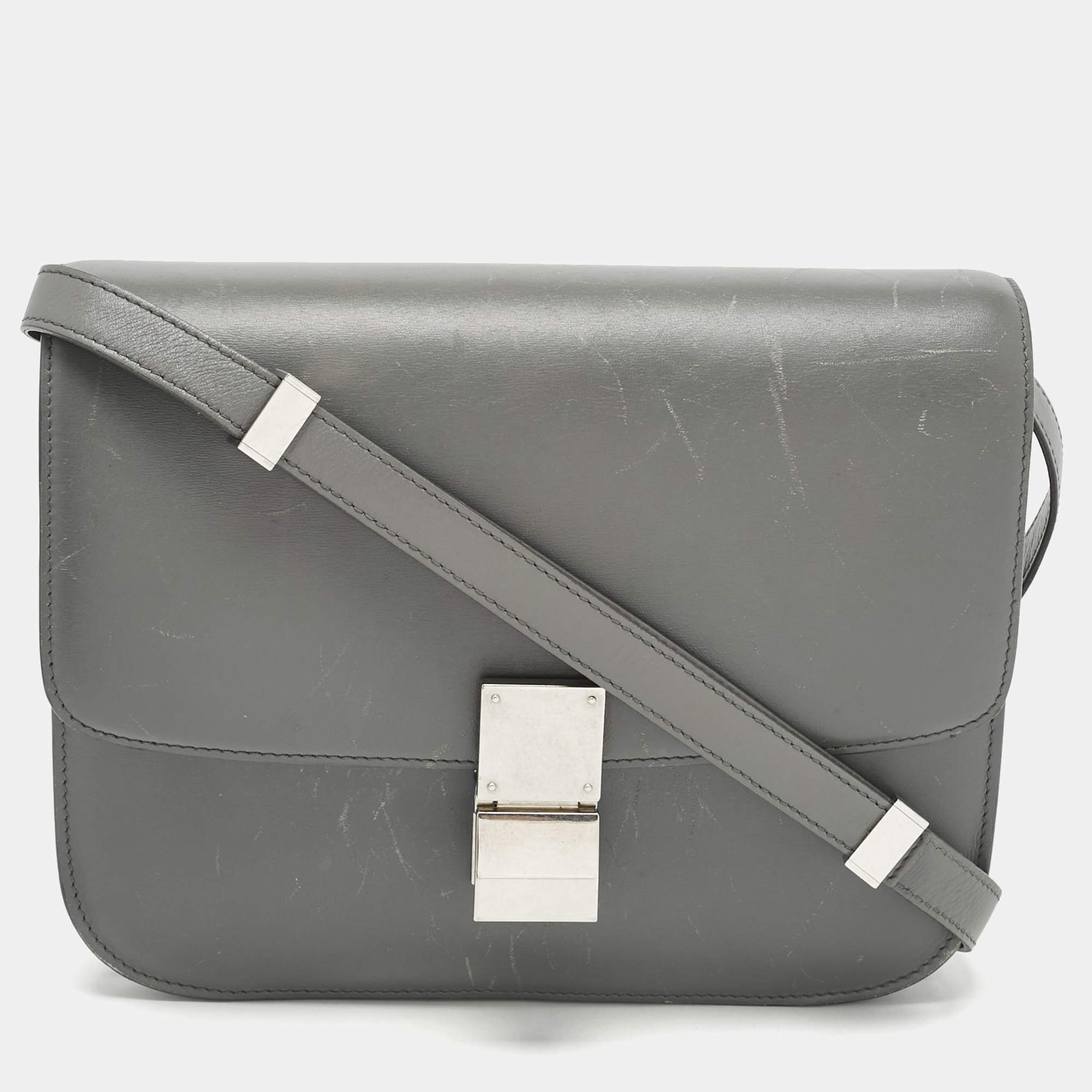 Pre Owned Celine Grey Leather Medium Classic Box Shoulder Bag
