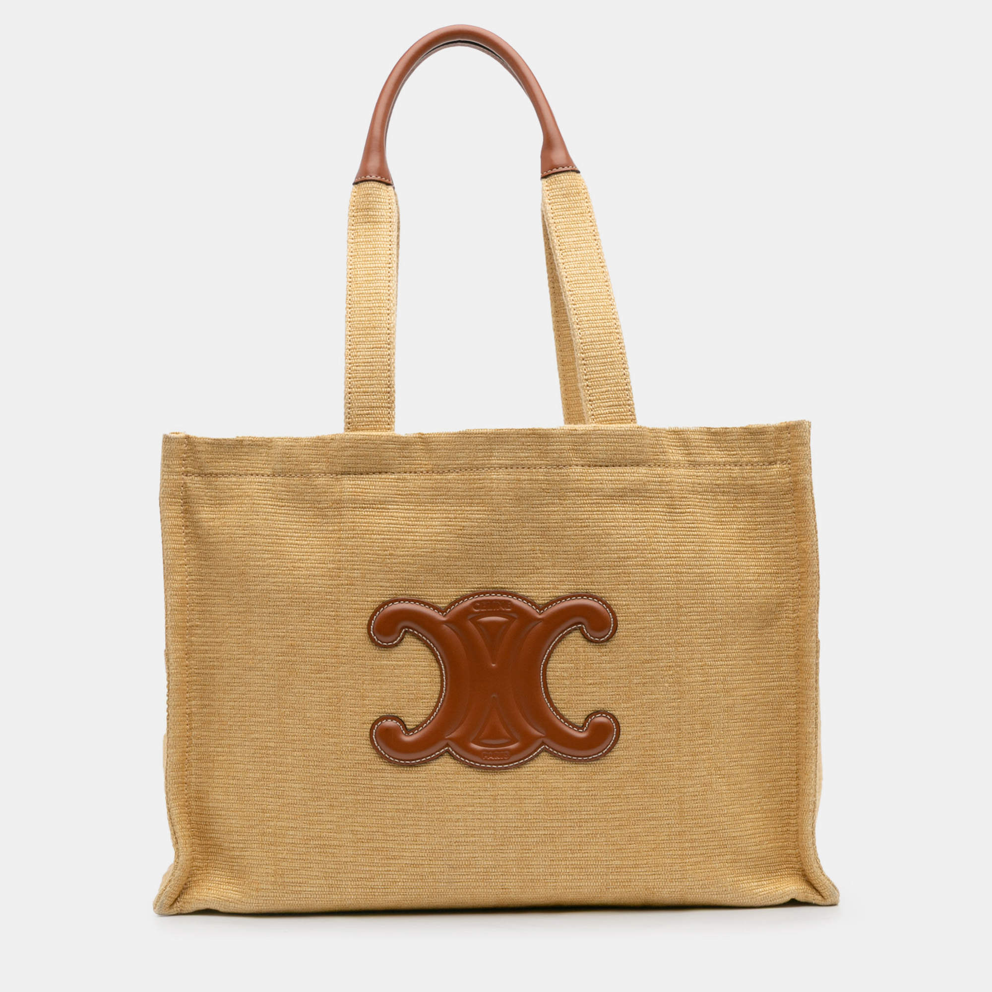 Pre Owned Celine Beige Brown Large Raffia Cuir Triomphe Cabas Thais Tote