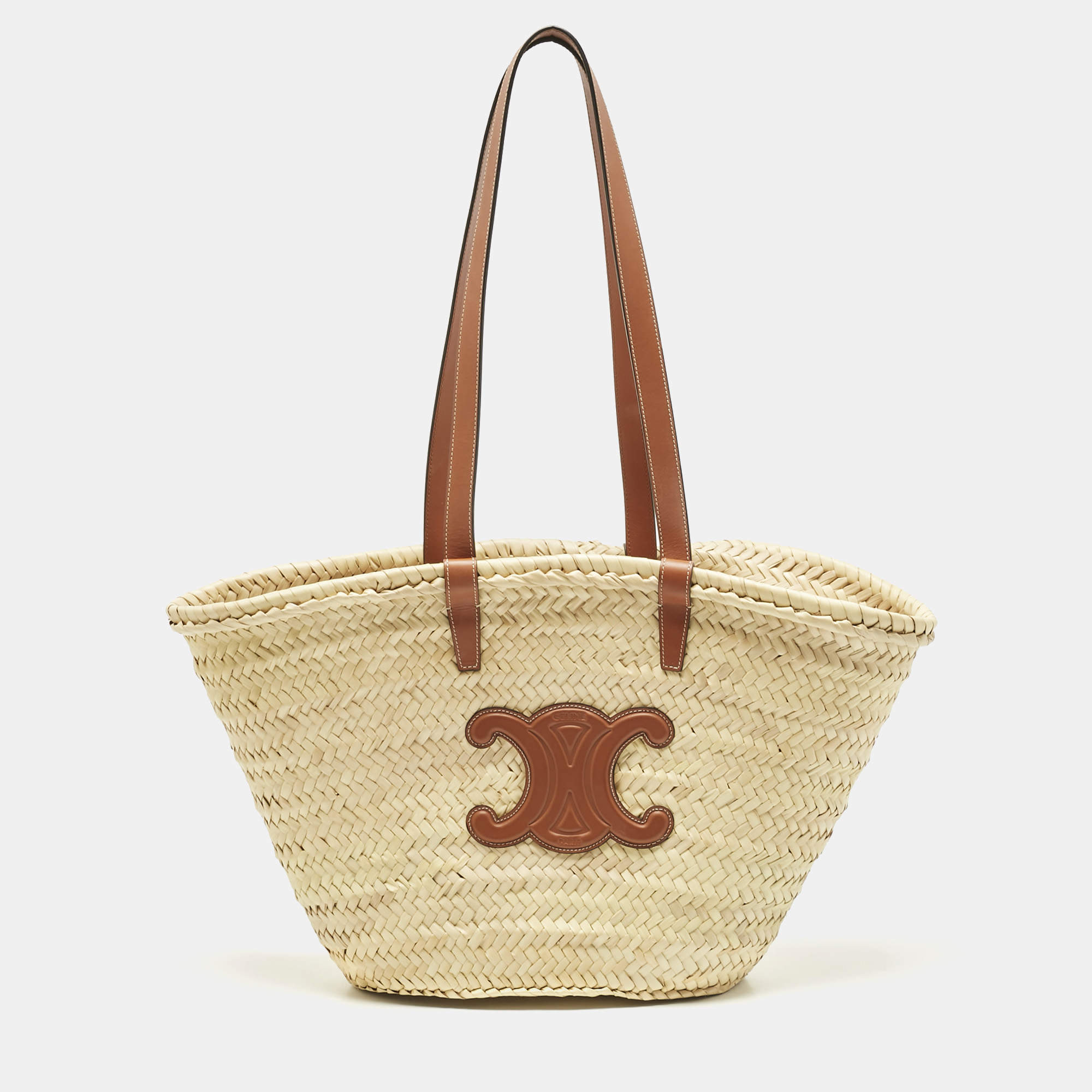 Pre Owned Celine Tan/Natural Palm Leaves Large Triomphe Classic Panier Tote
