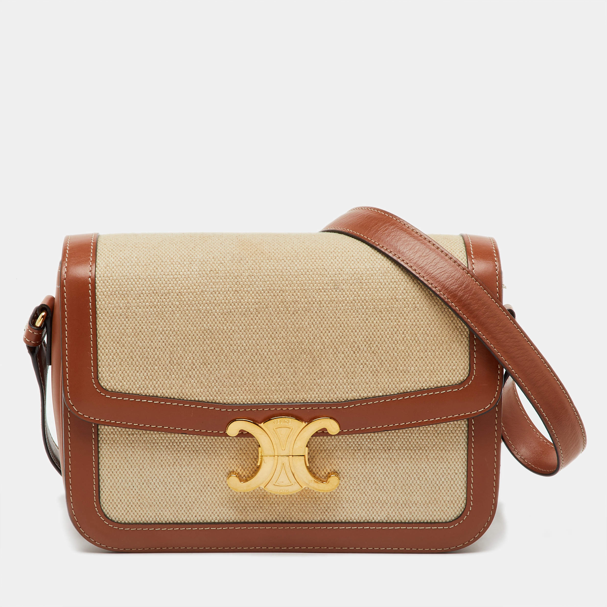 Pre Owned Celine Beige/Tan Canvas and Leather Triomphe Shoulder Bag