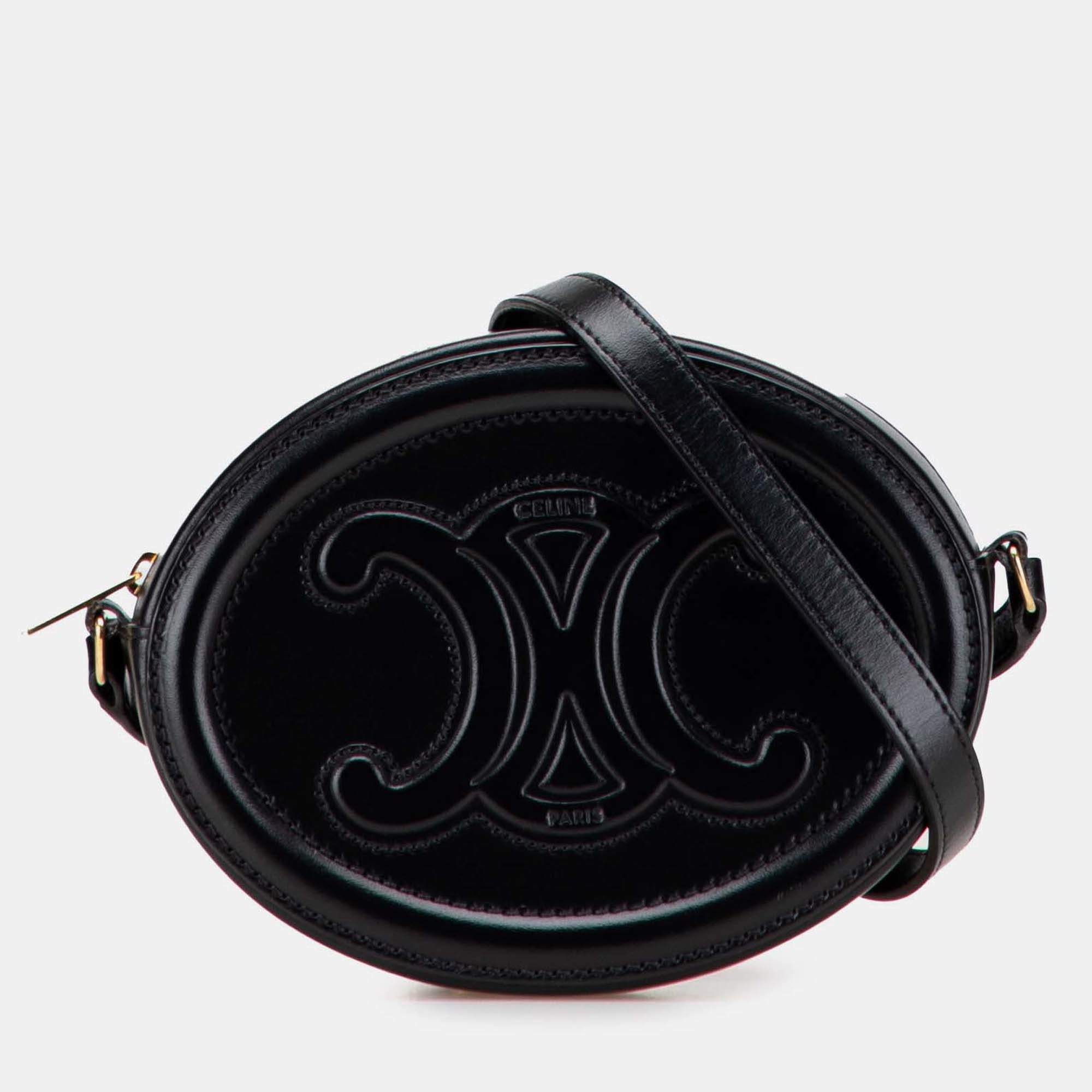 Pre Owned Celine Small Calfskin Black Cuir Triomphe Oval Crossbody