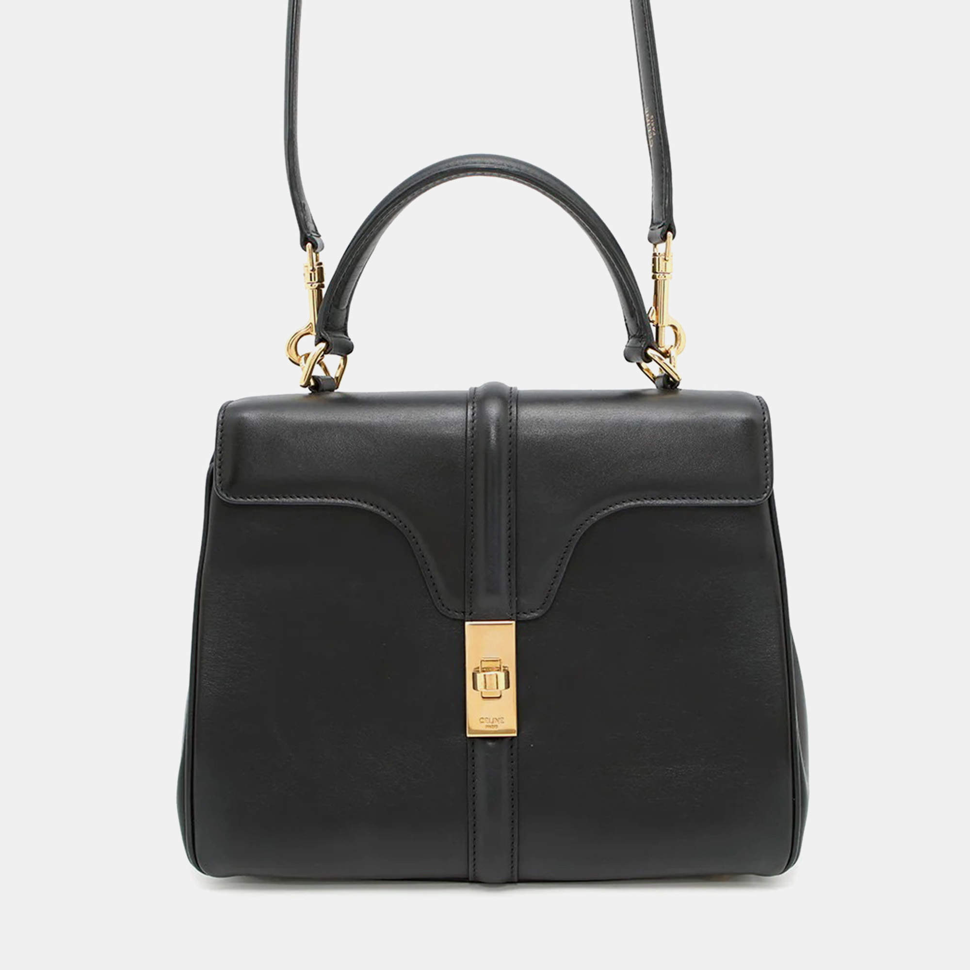 Pre Owned Celine 16 Seise Small Black Calf Leather Handbag