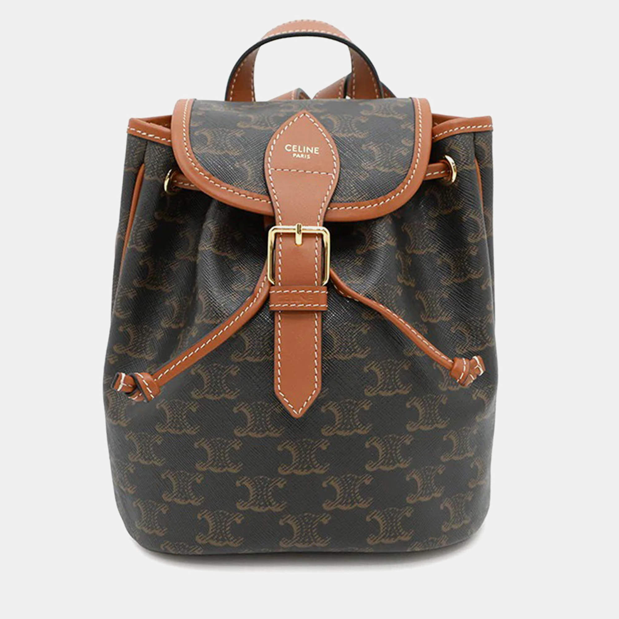 Pre Owned Celine Triomphe Falco Mini Tan PVC Calf Leather Backpack