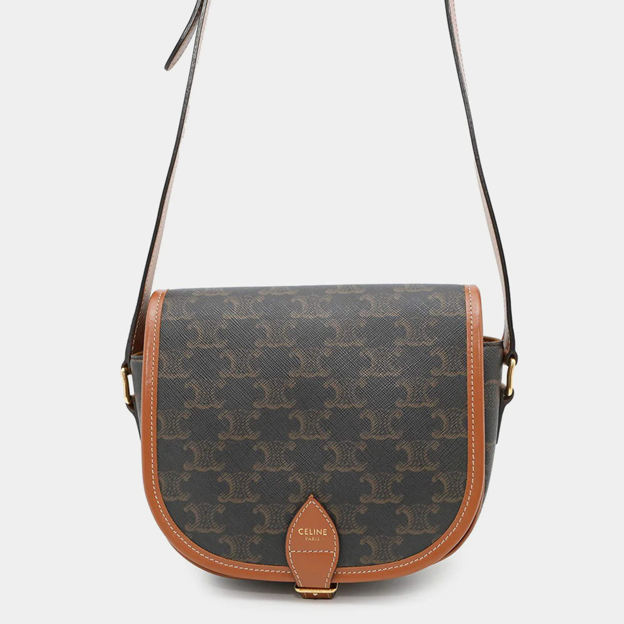 Pre Owned Celine Triomphe Folco Medium Brown Pvc Leather Shoulder Bag