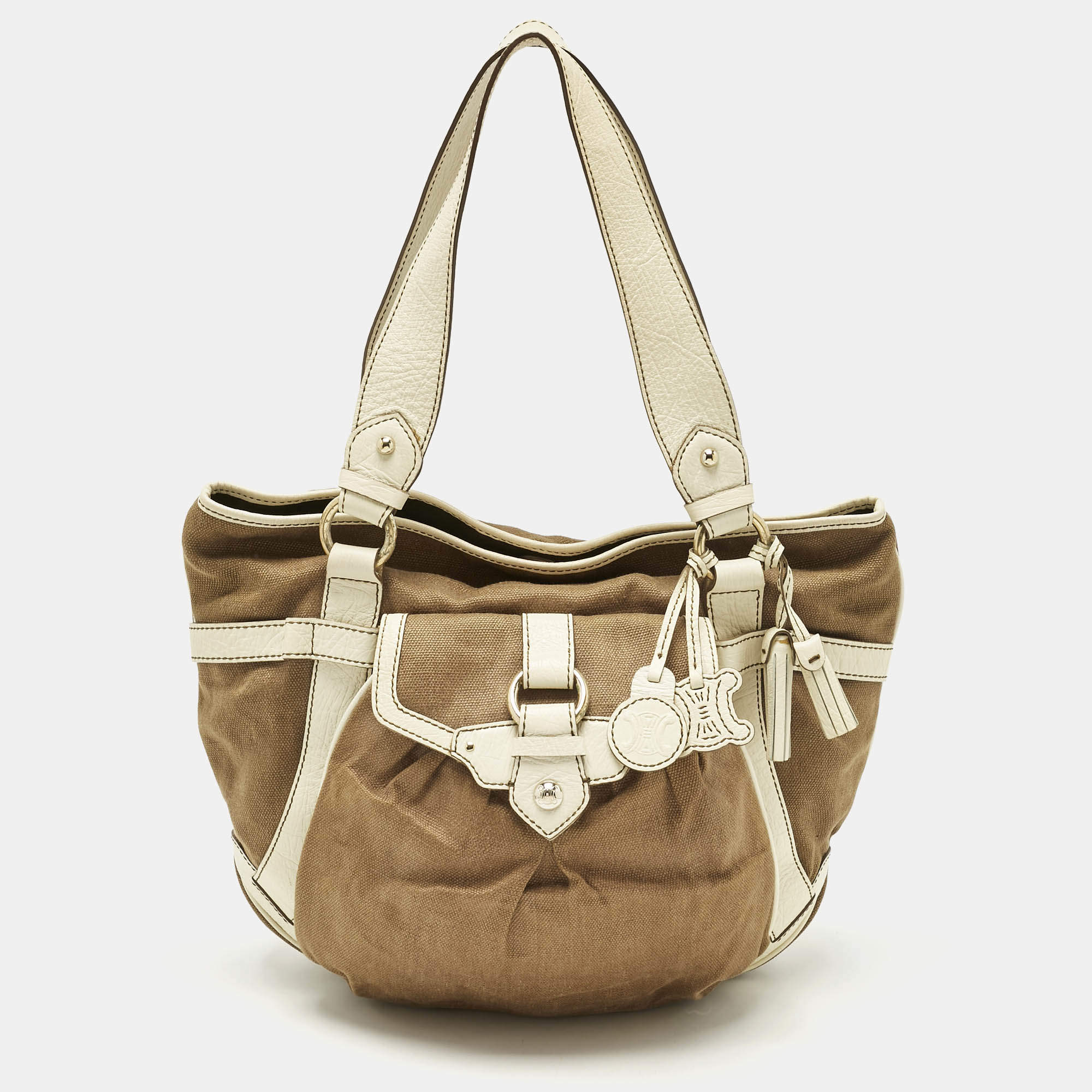 Pre Owned Celine Brown/Light Cream Canvas and Leather Boogie Hobo