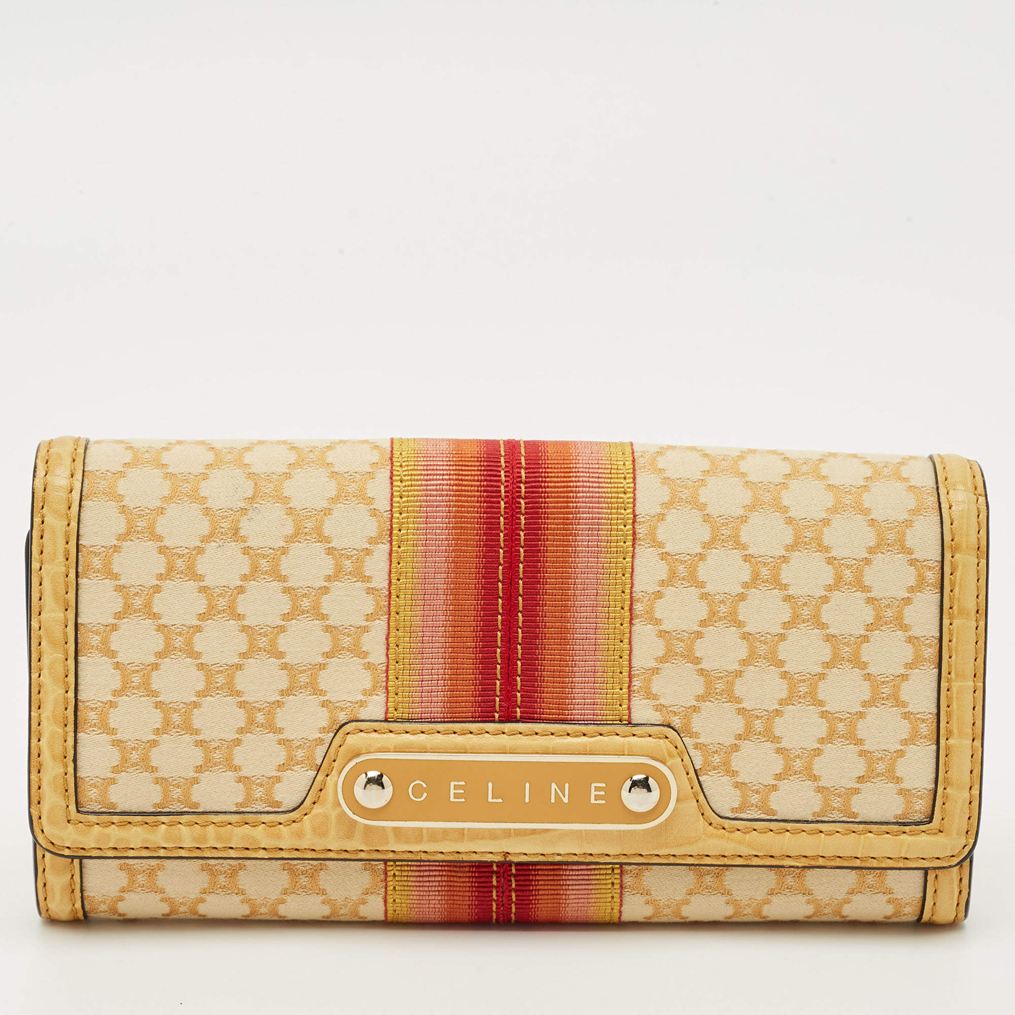 Pre Owned Celine Orange/Yellow Macadam Print Fabric and Croc Embossed Leather Flap Continental Wallet