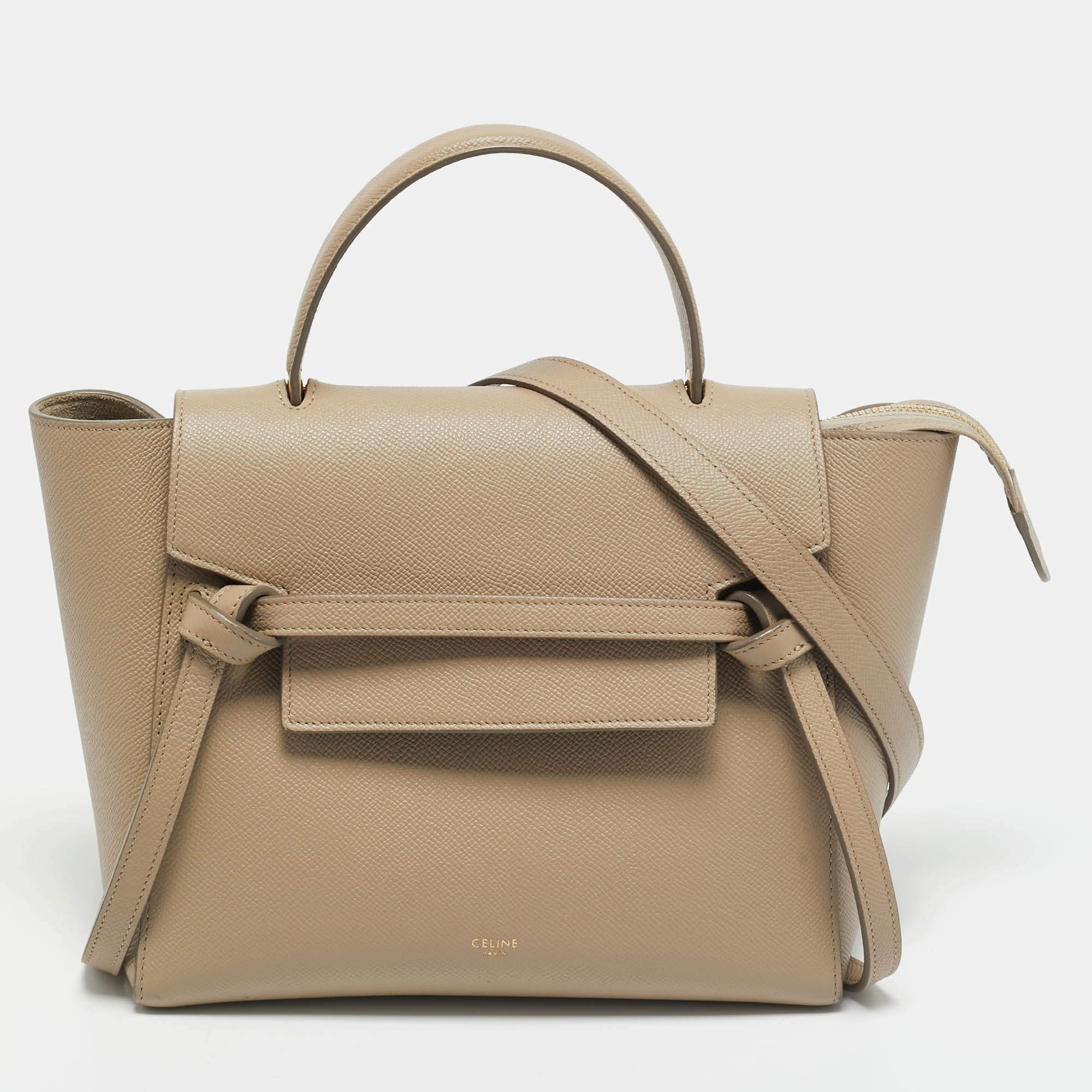 Pre Owned Celine Beige Leather Micro Belt Top Handle Bag