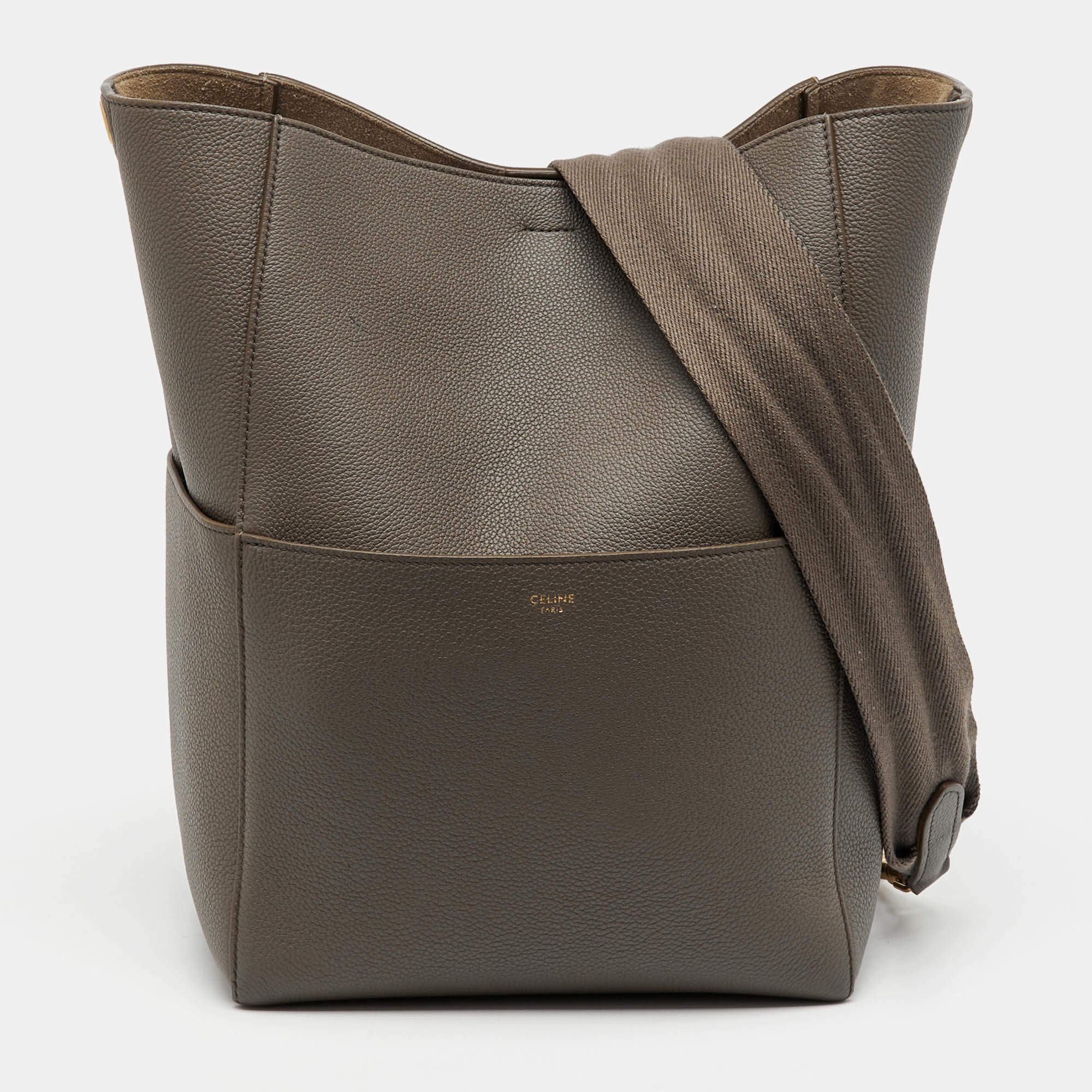 Pre Owned Celine Taupe Grey Leather Medium Sangle Seau Bag