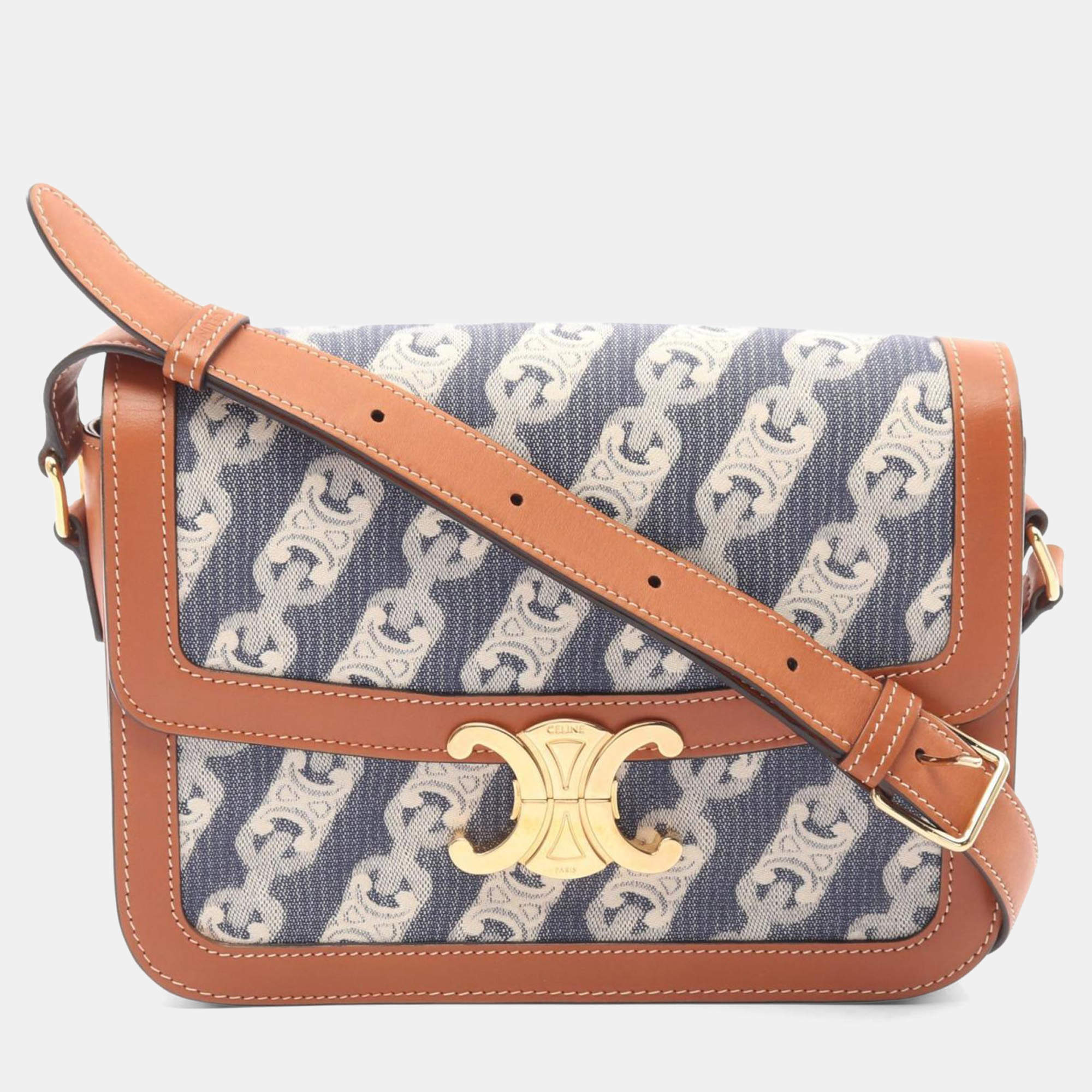 Pre Owned Celine Classic Triomphe Shoulder Bag Denim And Leather  Navy Brown