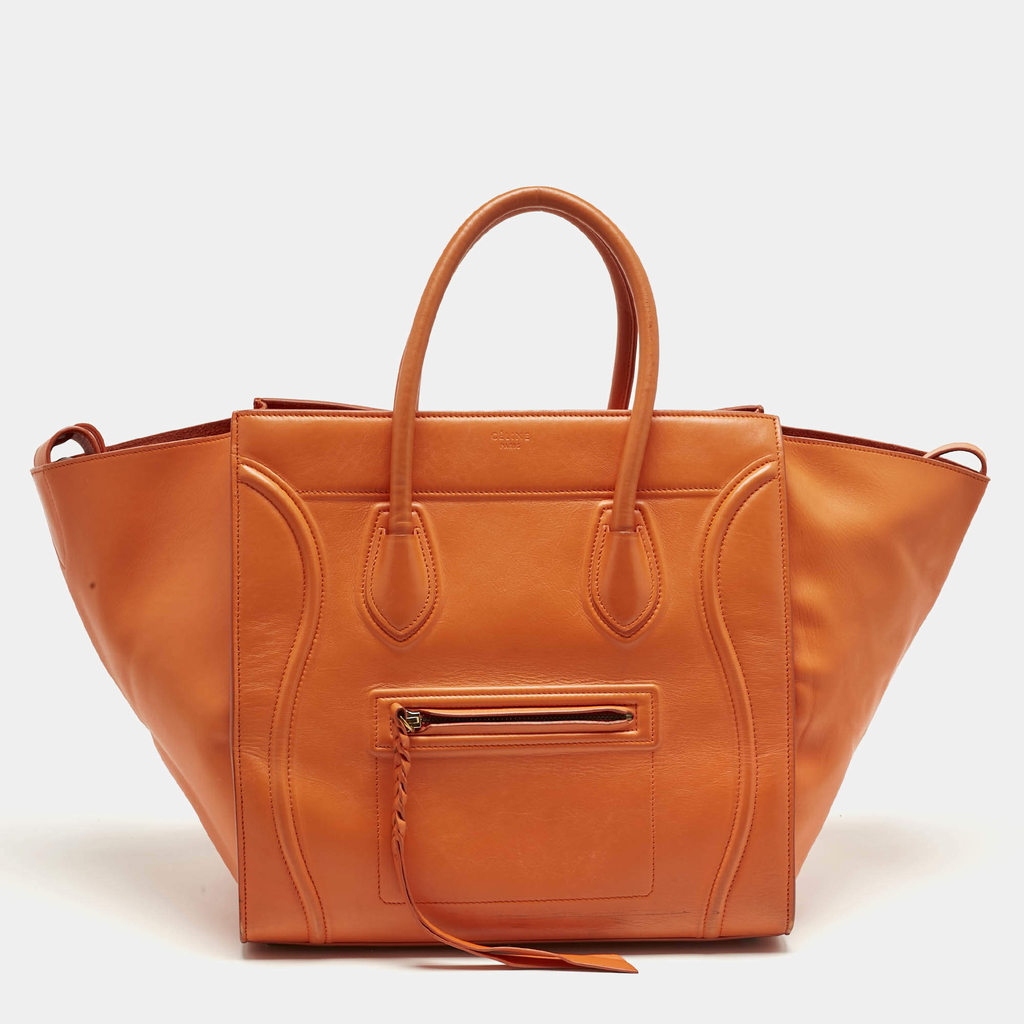 Pre Owned Celine Orange Leather Medium Phantom Luggage Tote