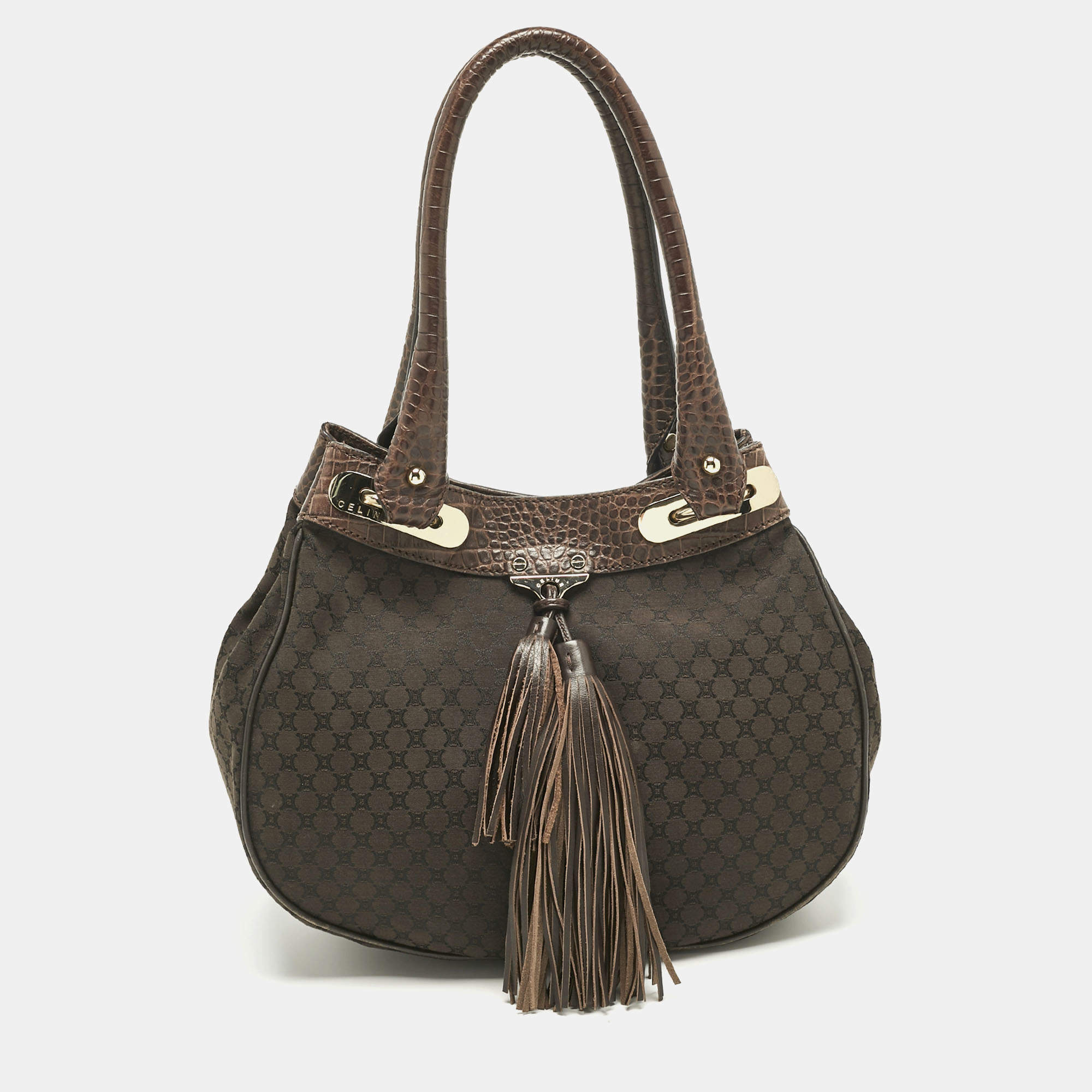 Pre Owned Celine Dark Brown Macadam Canvas and Croc Embossed Leather Shoulder Bag