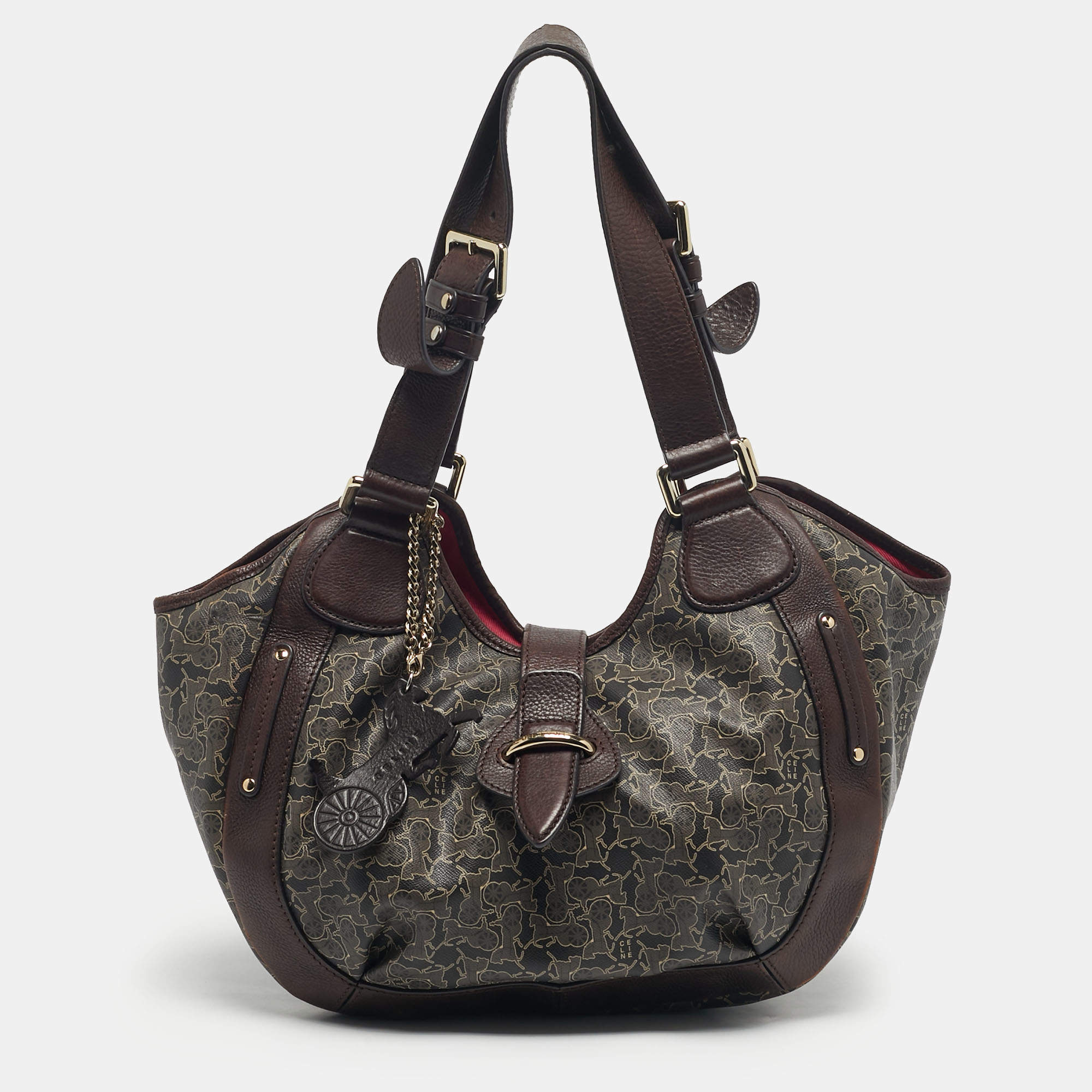 Pre Owned Celine Dark Brown Horse Carriage Coated Canvas and Leather Flap Hobo