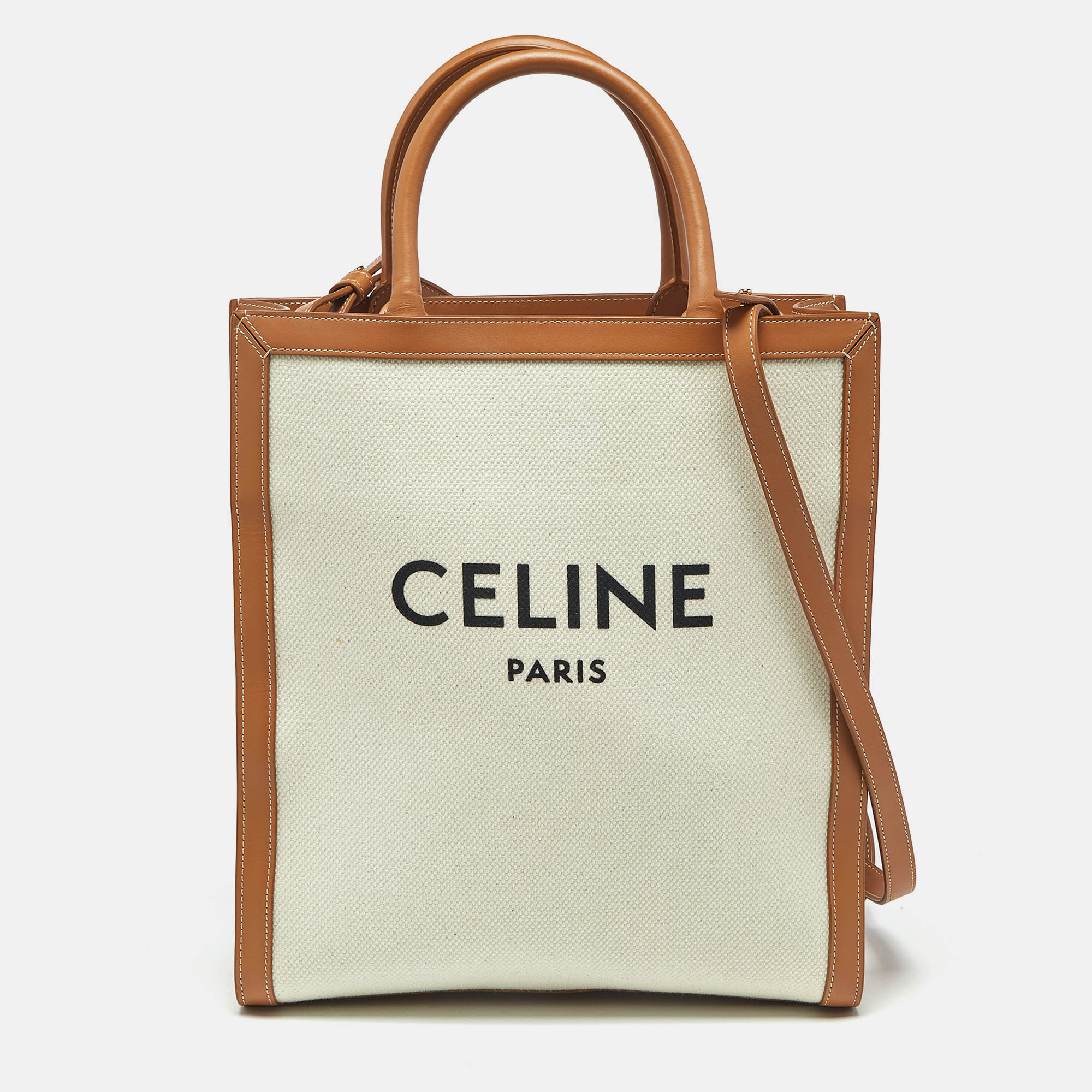 Pre Owned Celine Tan/Natural Canvas and Leather Small Vertical Cabas Tote