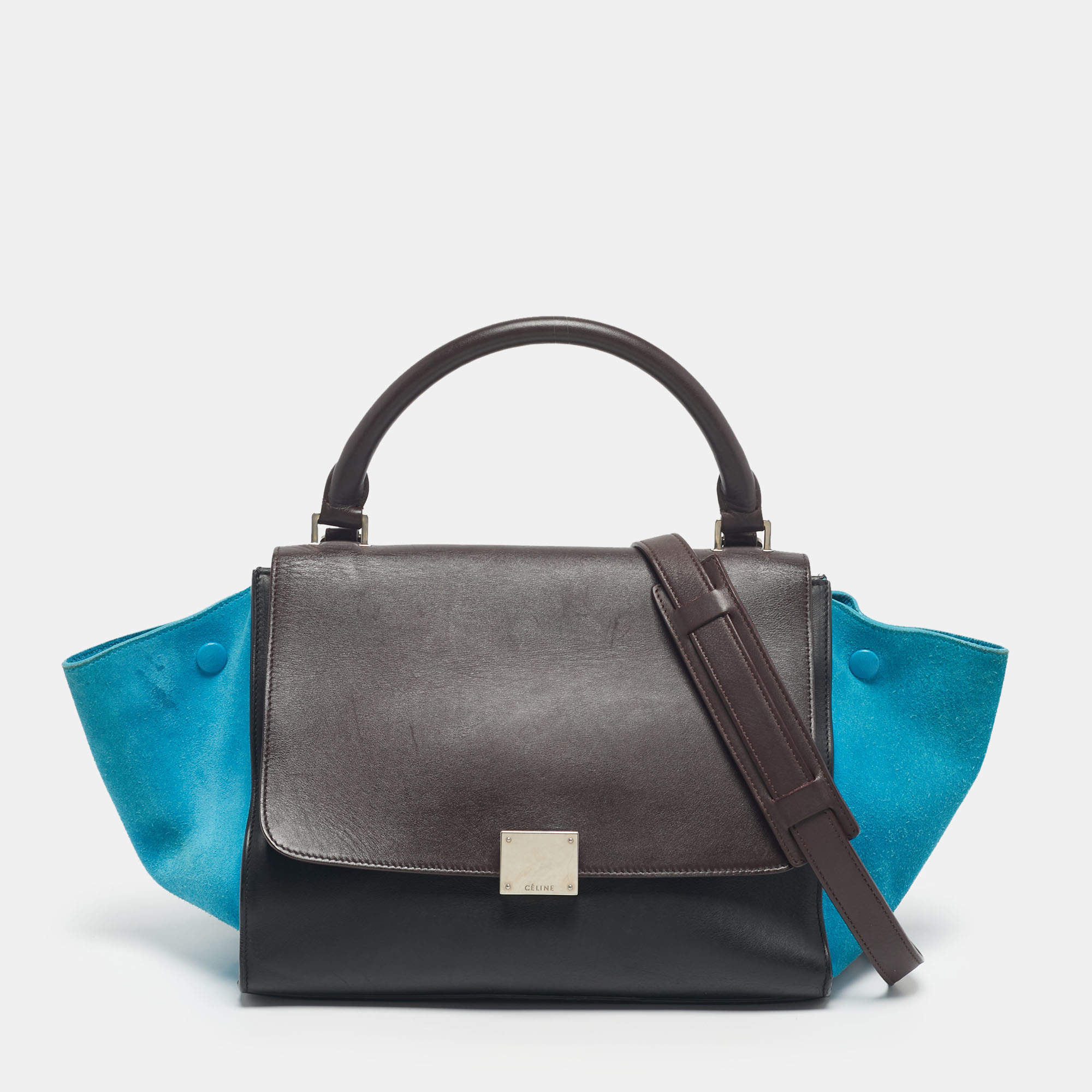 Pre Owned Celine Tricolor Leather and Suede Small Trapeze Top Handle Bag