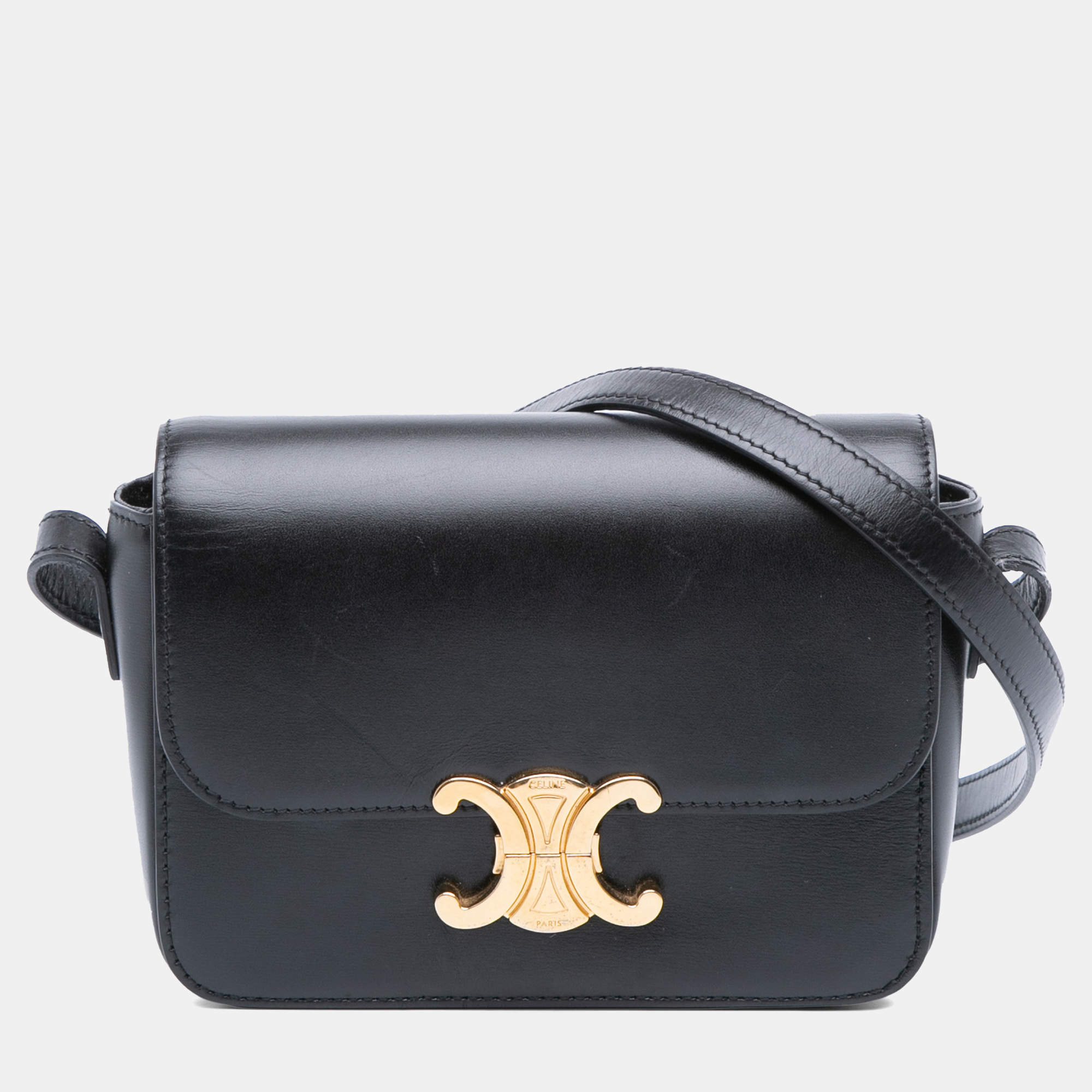 Pre Owned Celine Black Teen Shiny Calfskin Triomphe Crossbody