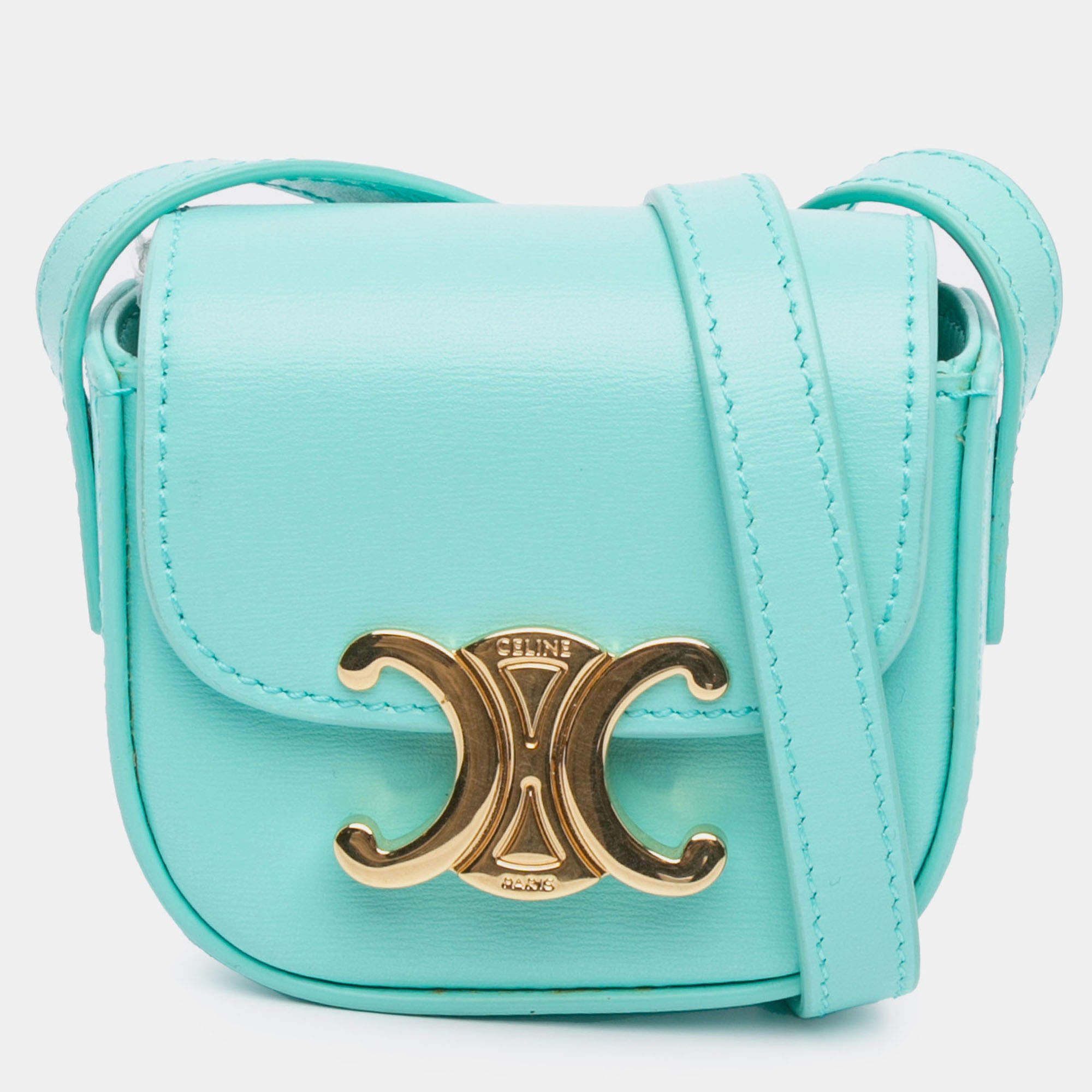 Pre Owned Celine Blue Leather Triomphe AirPods Case with Strap