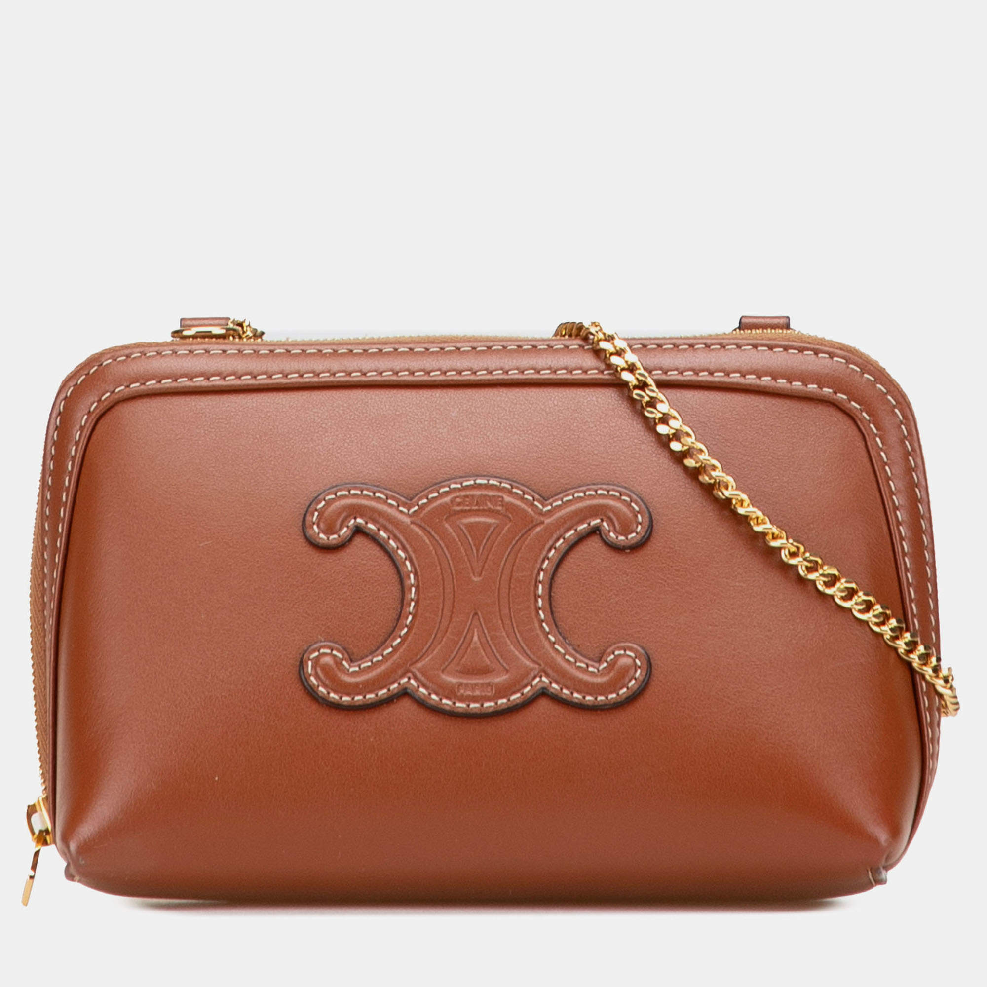 Pre Owned Celine Brown Smooth Calfskin Cuir Triomphe Clutch on Chain