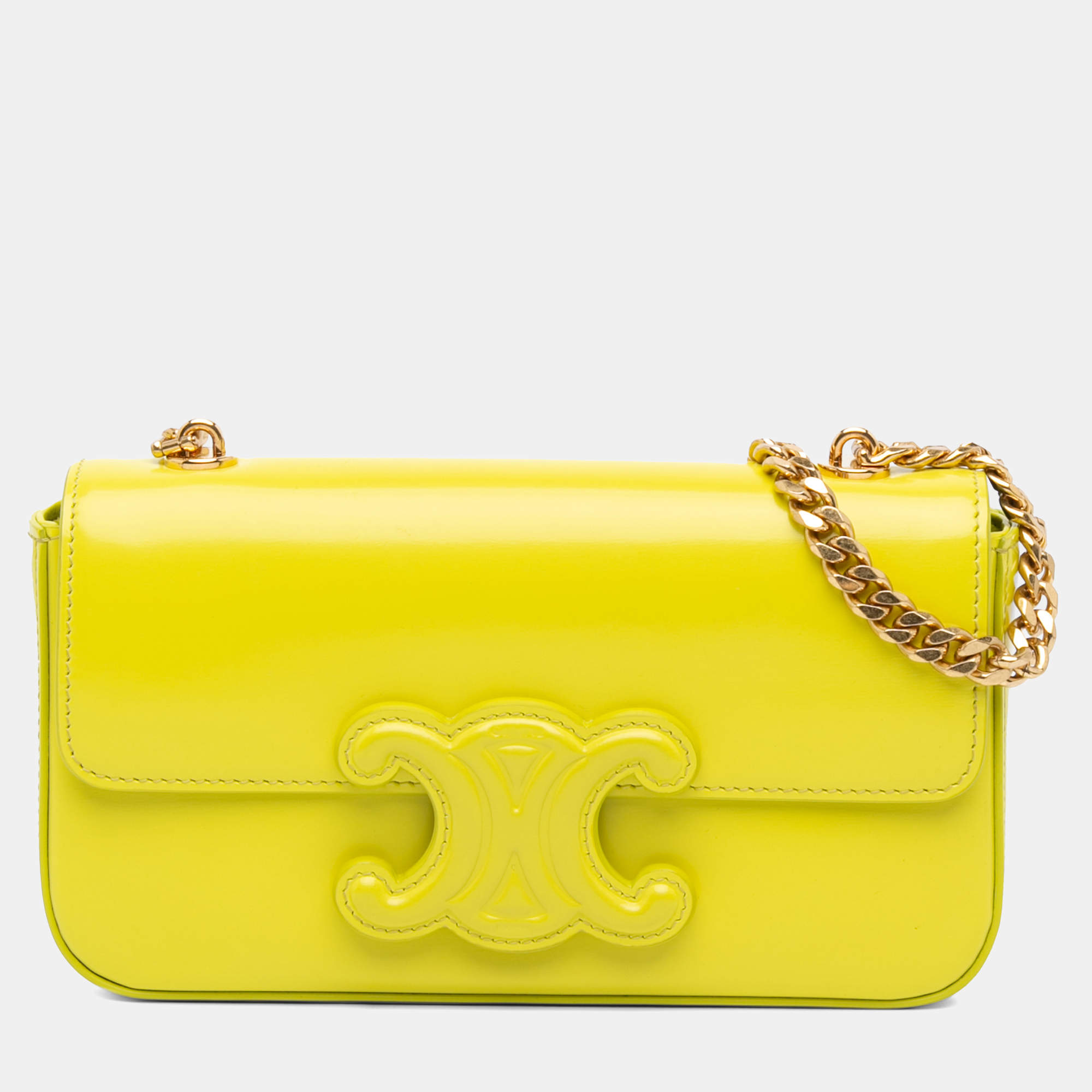 Pre Owned Celine Yellow Calfskin Cuir Triomphe Chain Shoulder Bag