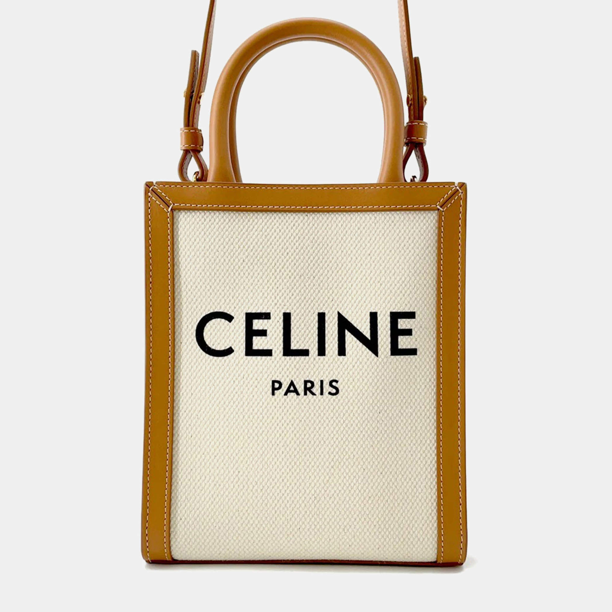 Pre Owned Celine Vertical Cabas Natural/Tan Canvas Leather Size Mini