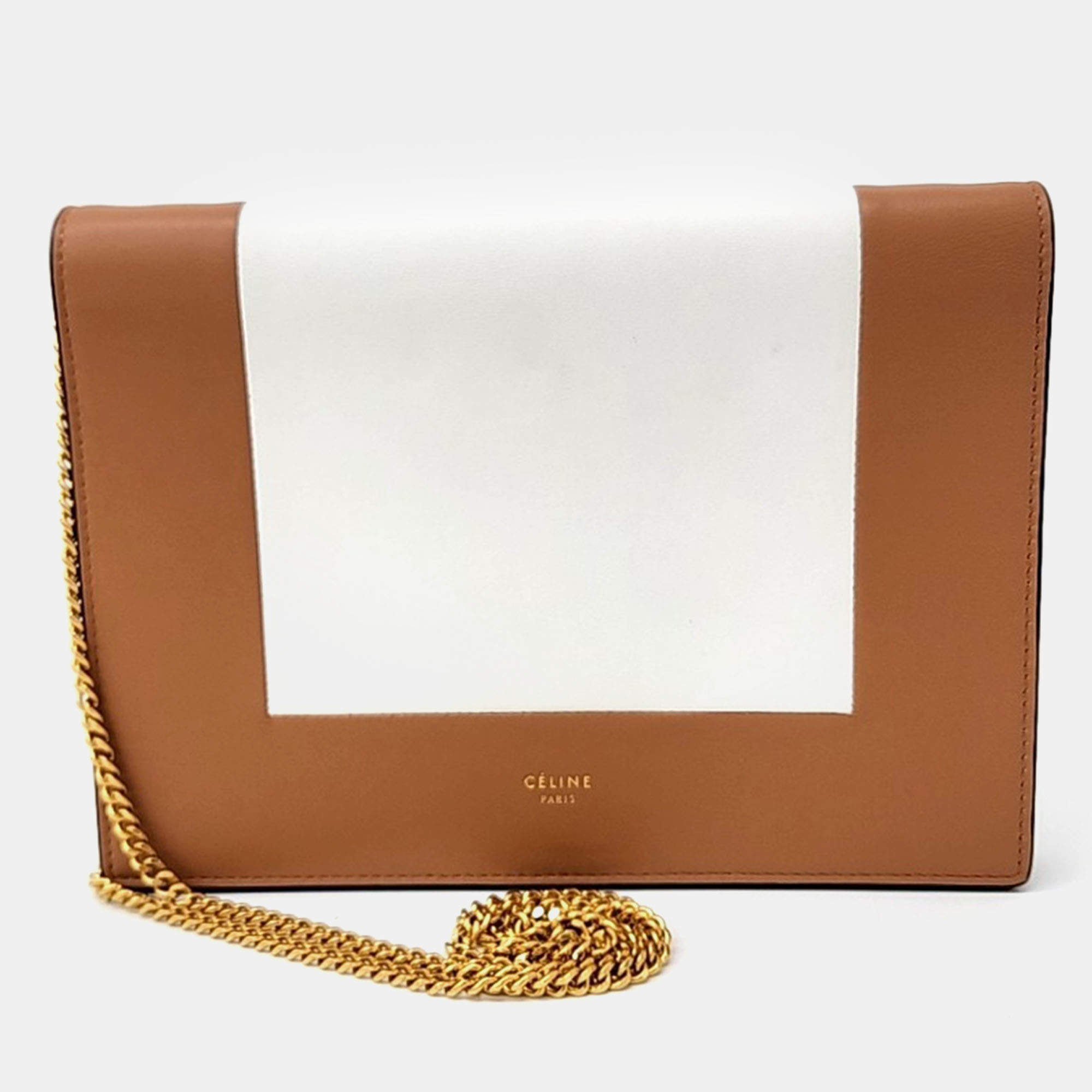 Pre Owned Celine Brown White Leather Frame Evening Clutch on Chain