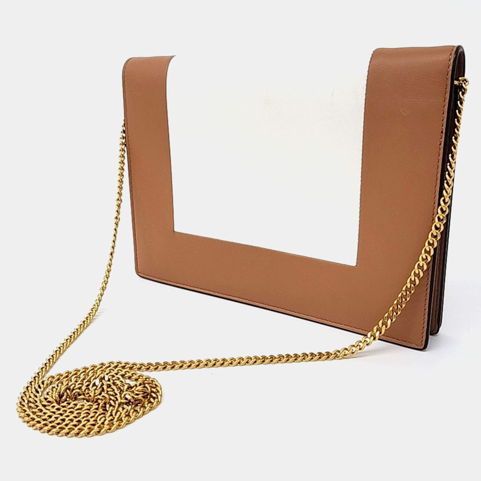 Celine Brown White Leather Frame Evening Clutch on Chain Celine