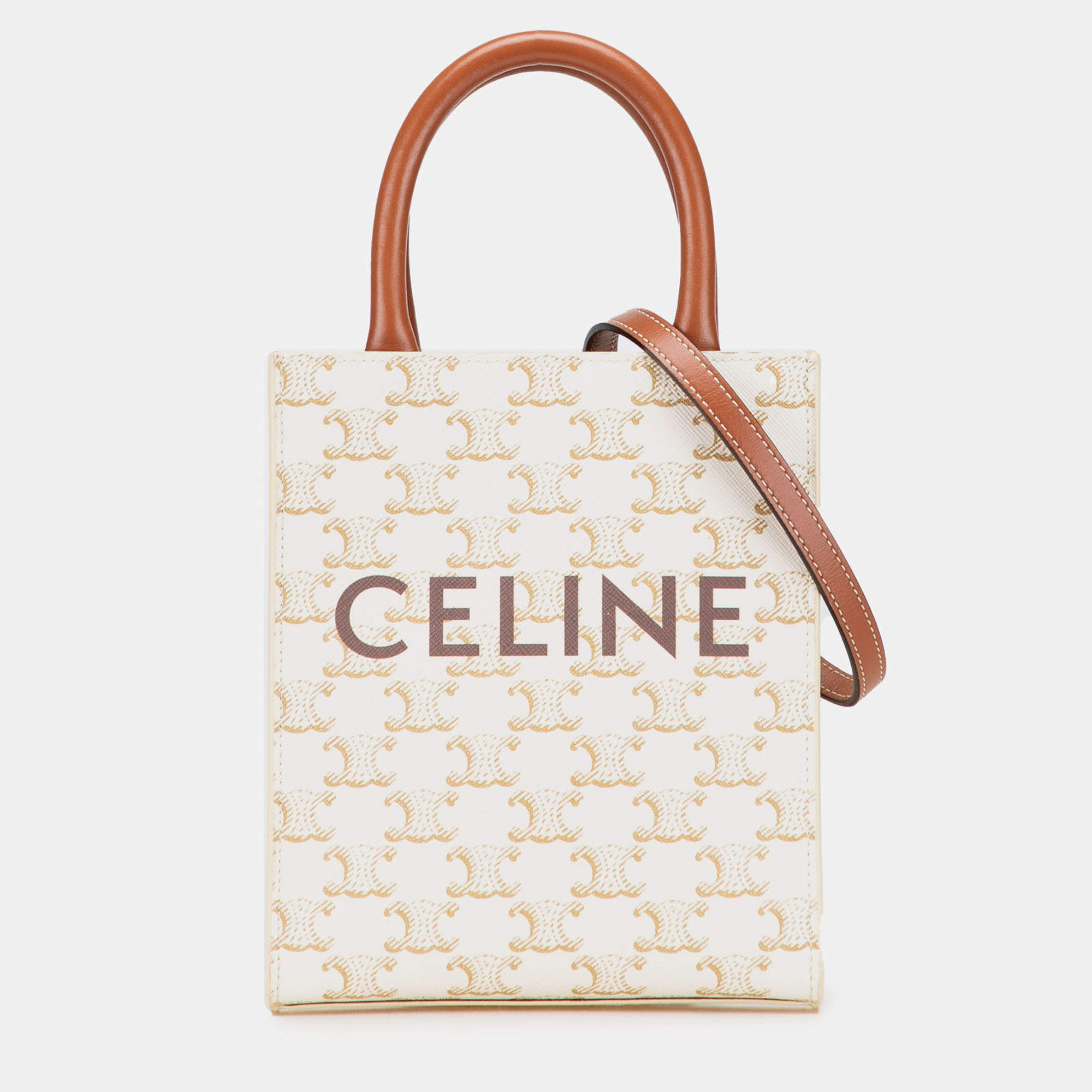 Pre Owned Celine White Mini Triomphe Coated Canvas Vertical Cabas Satchel