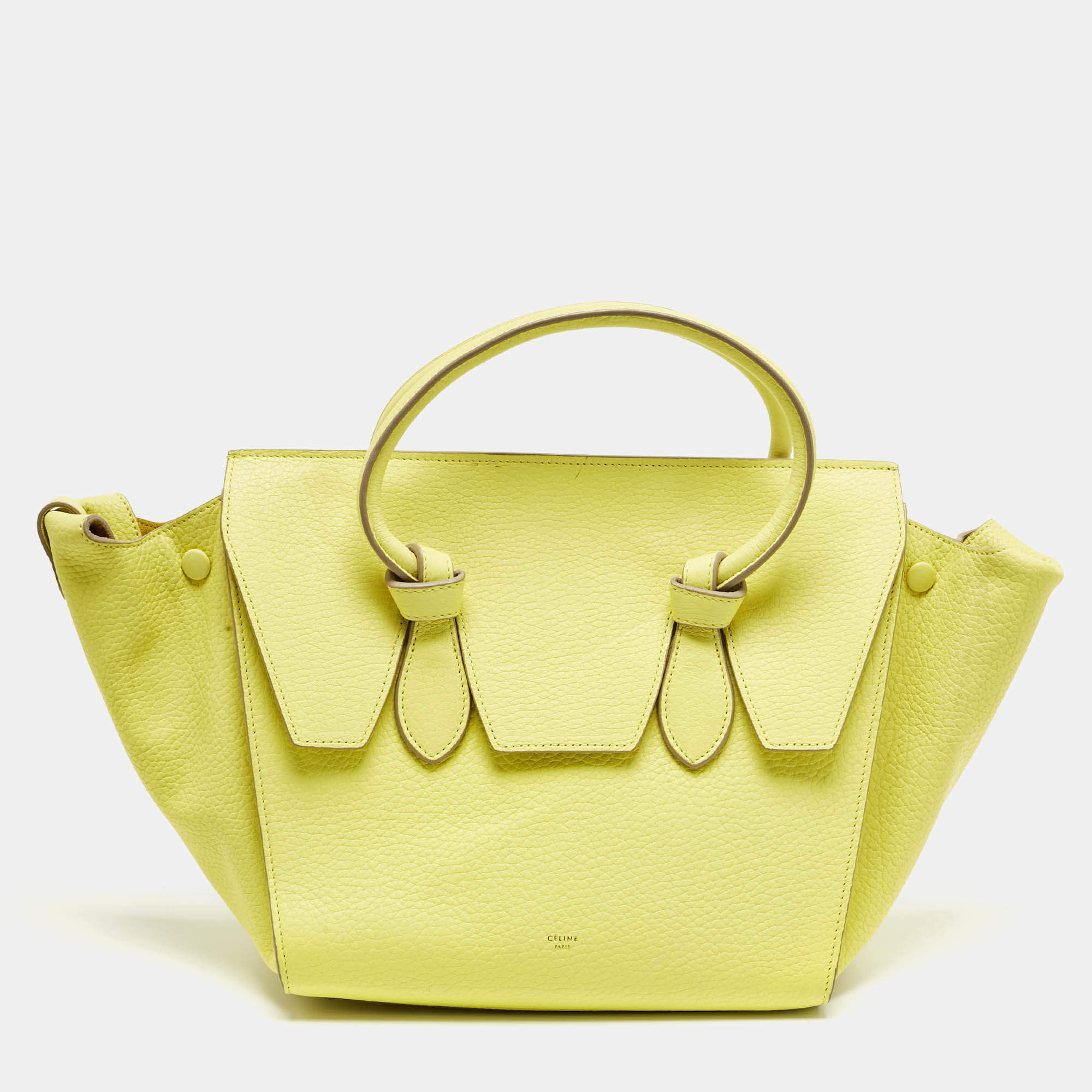 Pre Owned Celine Lime Yellow Leather Mini Tie Tote