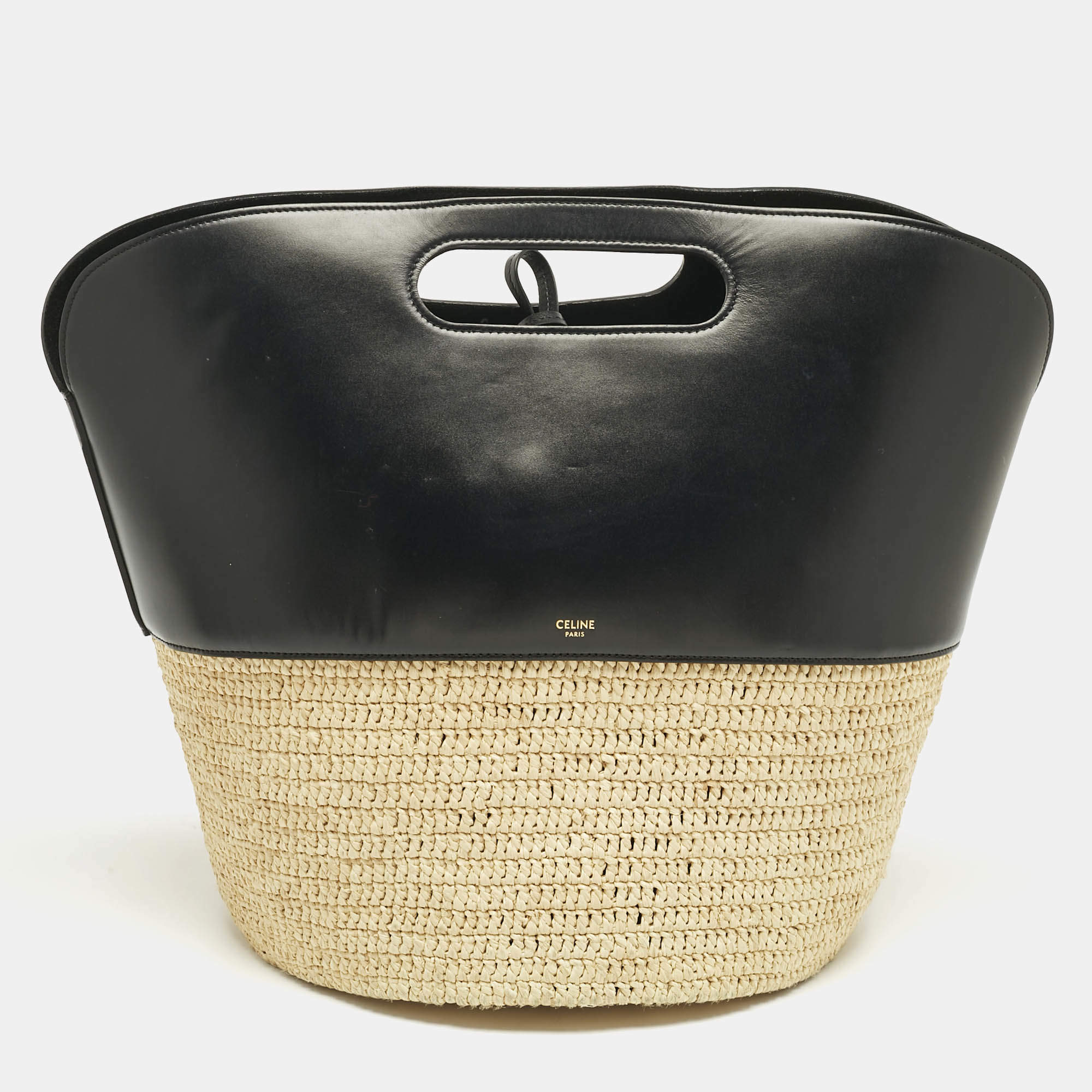Pre Owned Celine Black/Cream Leather and Raffia Basket Bag