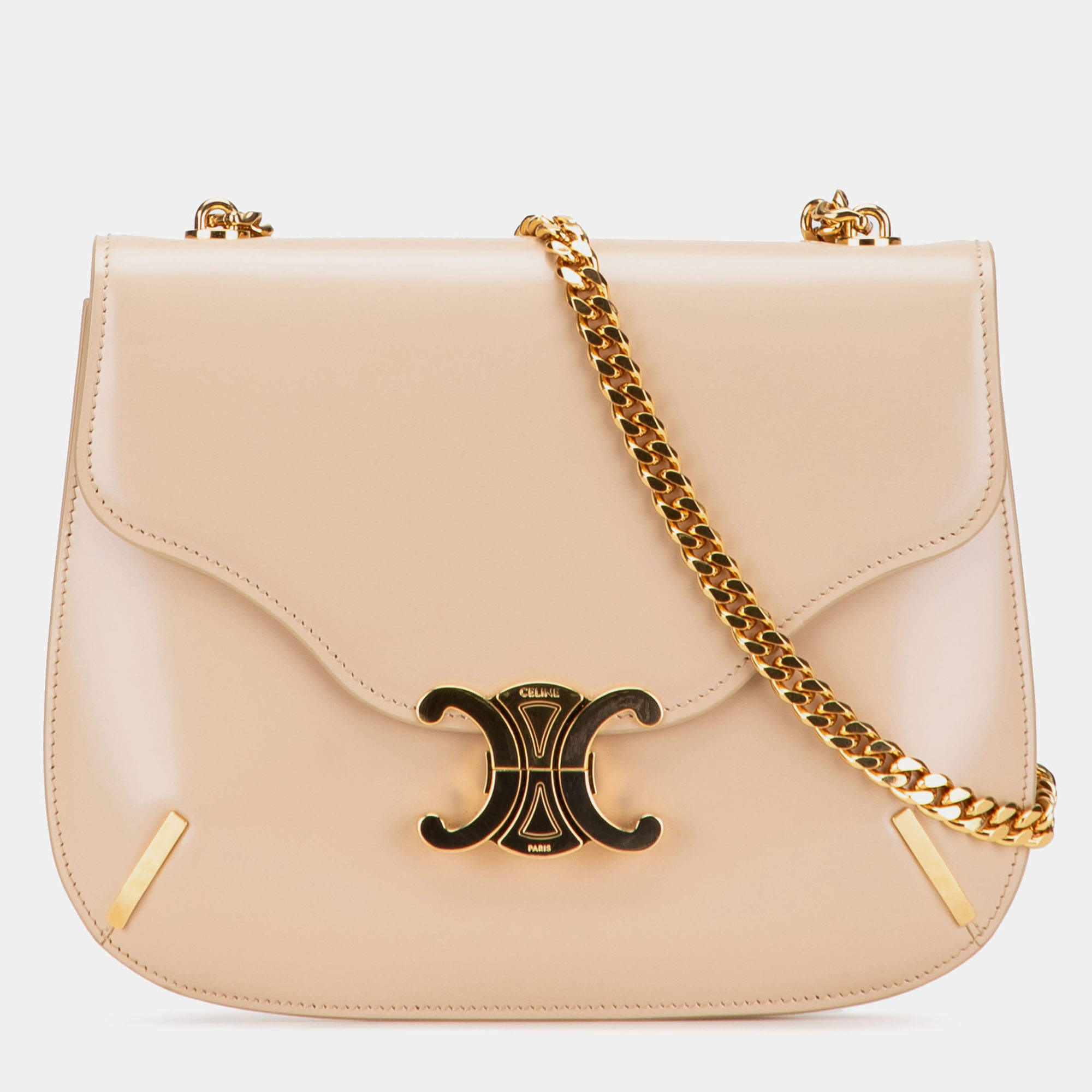 Pre Owned Celine Beige Brown Teen Shiny Calfskin Triomphe Besace Clea Chain Crossbody