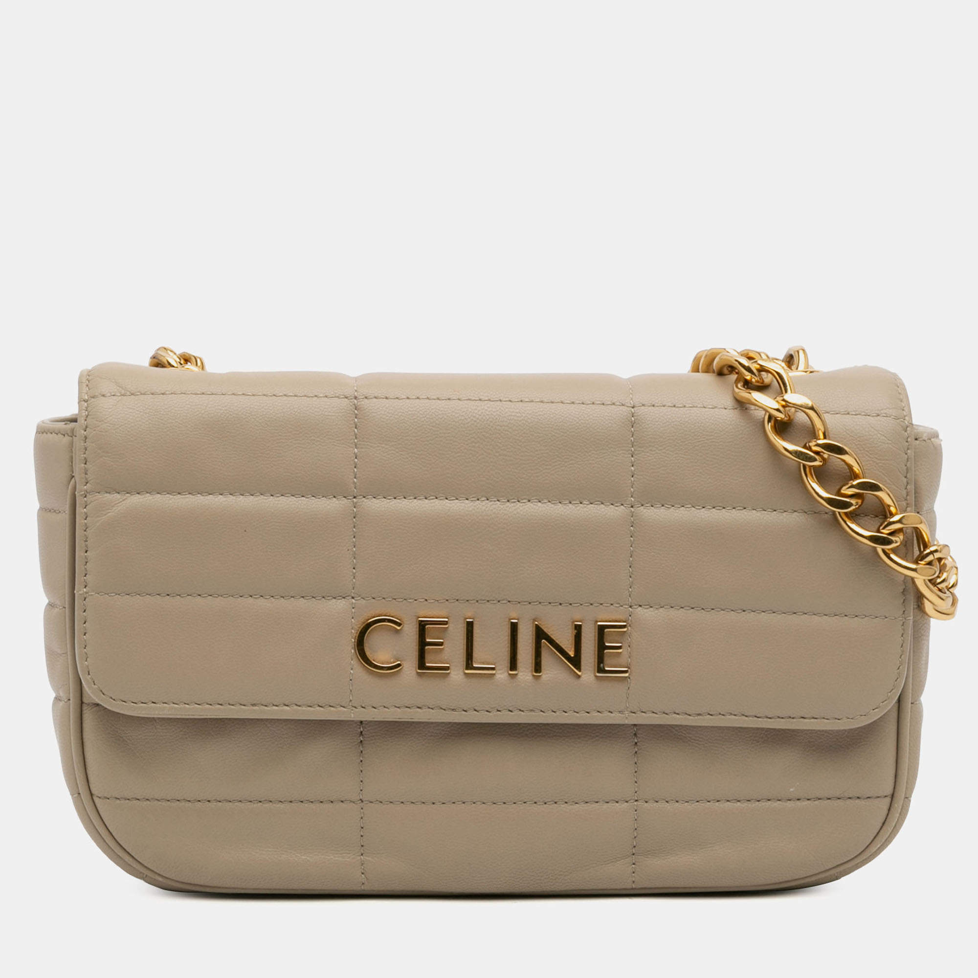 Pre Owned Celine Brown Matelasse Goatskin Monochrome Chain Shoulder Bag