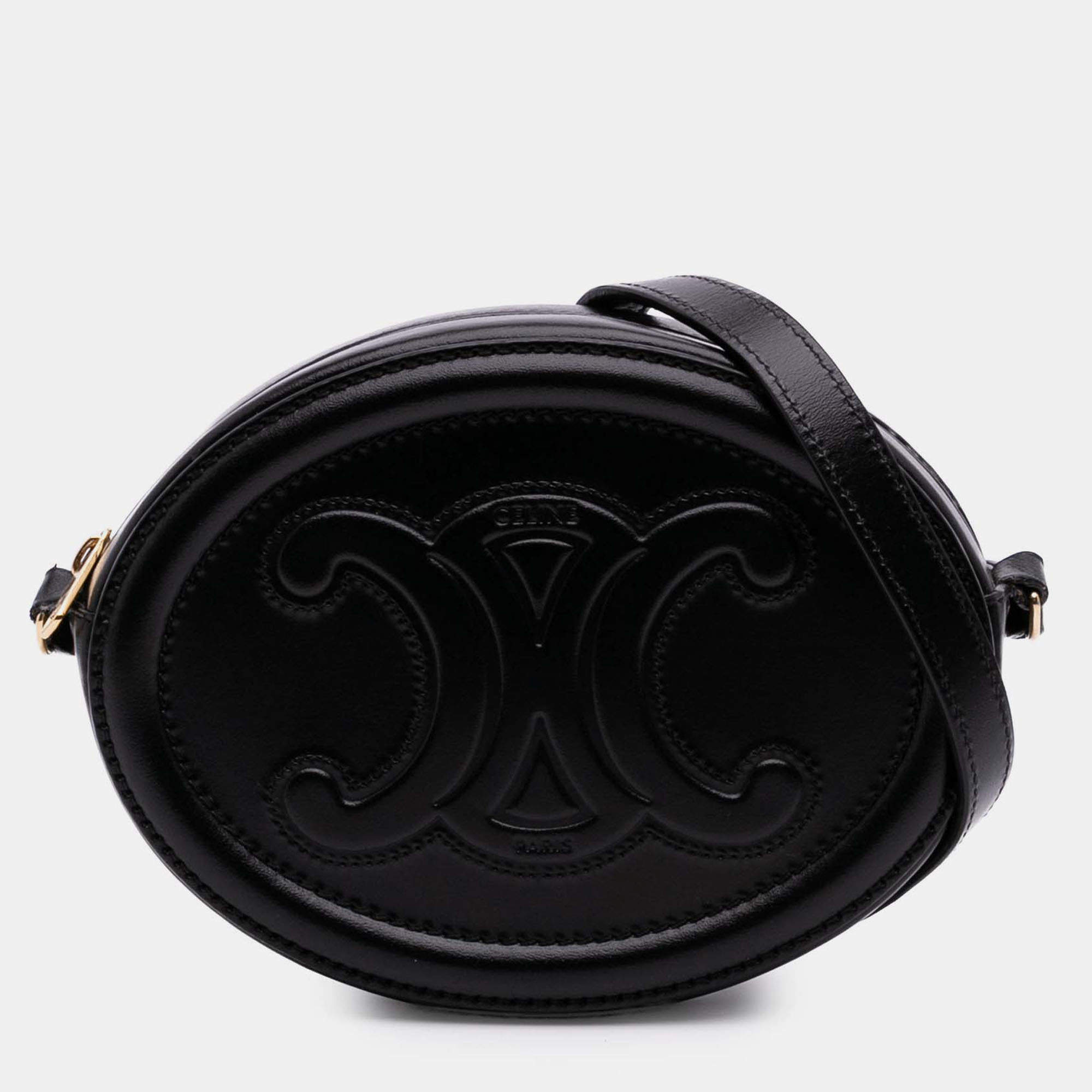 Pre Owned Celine Black Small Calfskin Cuir Triomphe Oval Crossbody