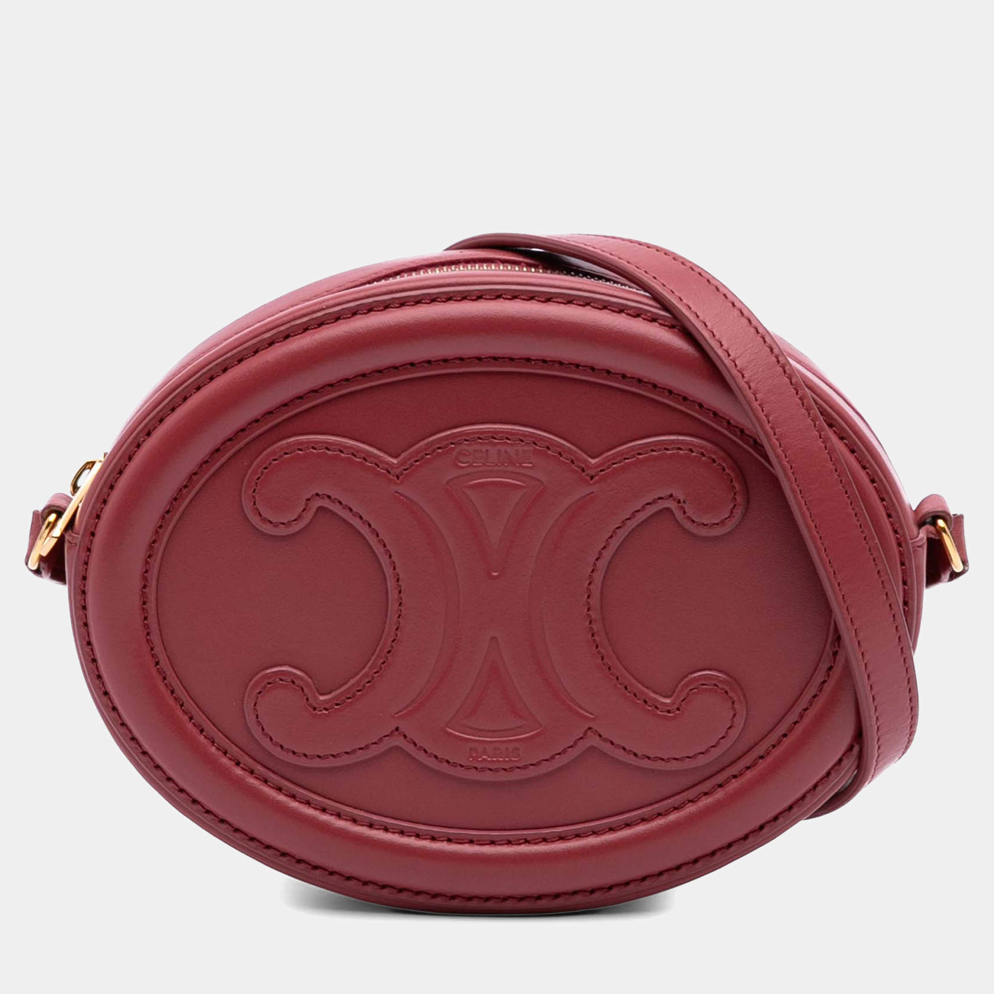 Pre Owned Celine Red Small Calfskin Cuir Triomphe Oval Crossbody