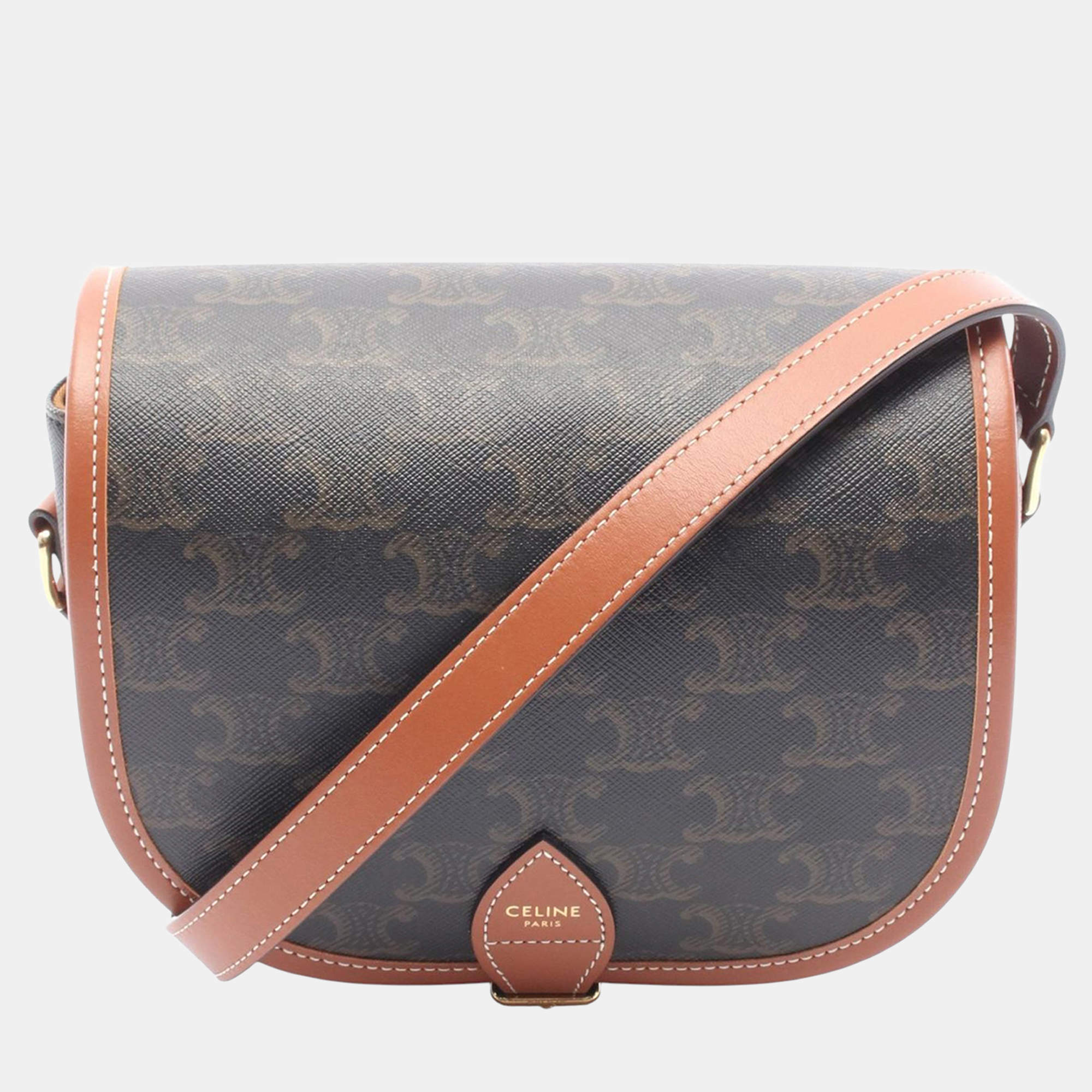 Pre Owned Celine Brown Medium Triomphe Coated Canvas Folco Crossbody