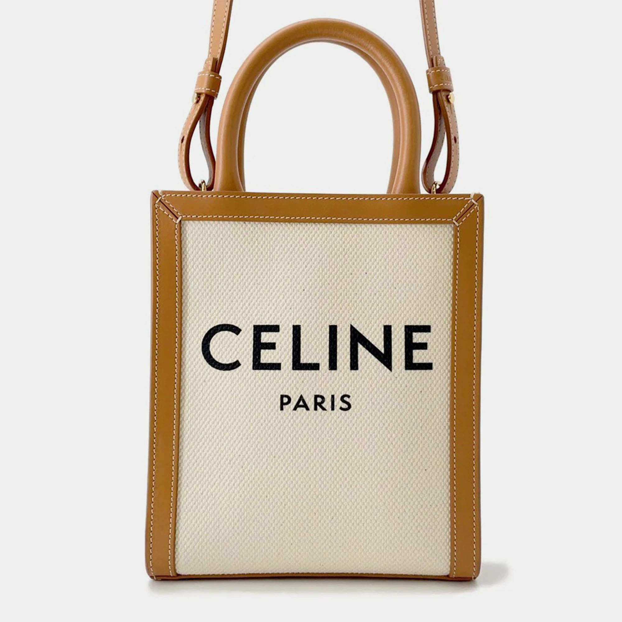 Pre Owned Celine Vertical Cabas Natural/Tan Canvas Leather Mini Tote
