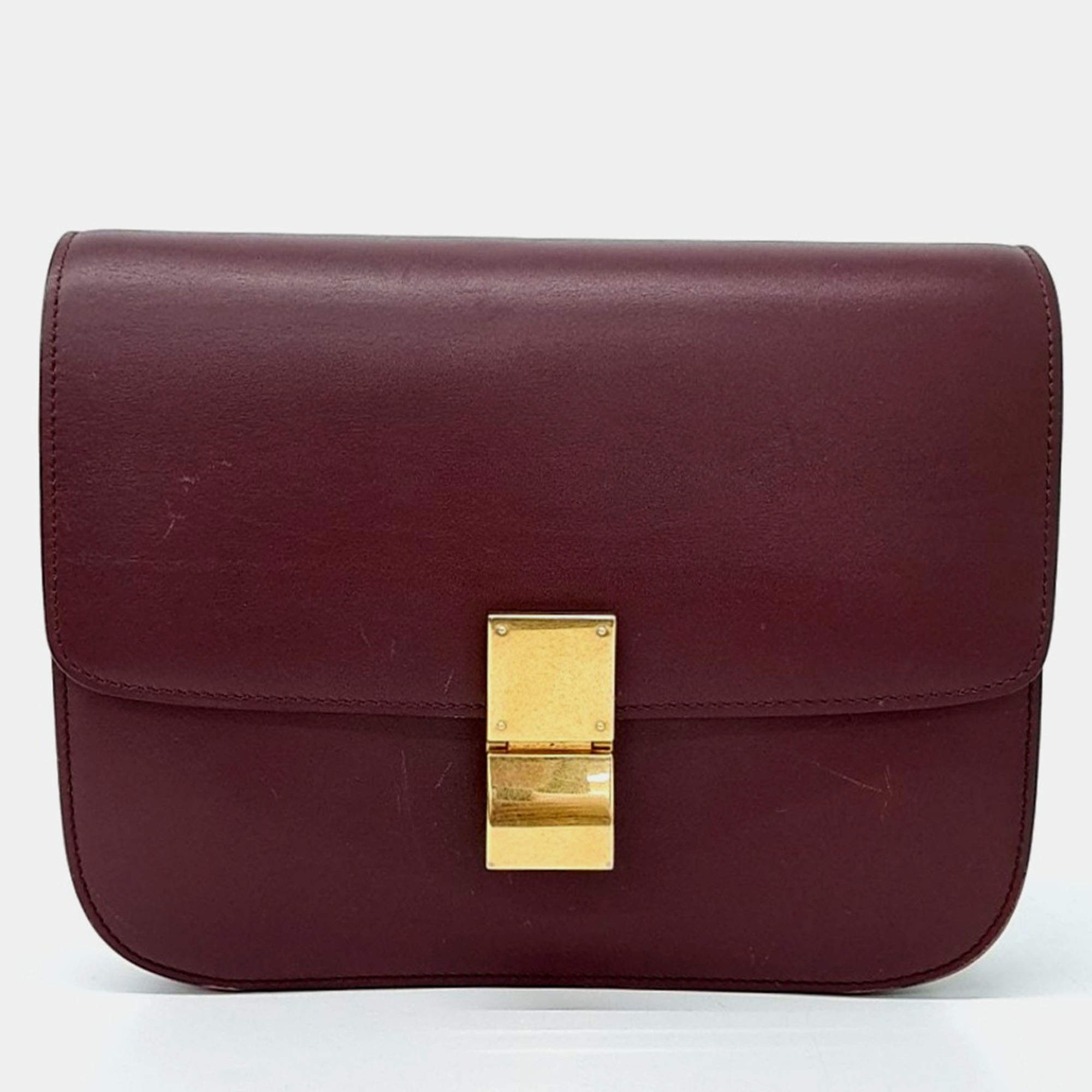 Pre Owned Celine Burgundy Leather Classic Box Medium
