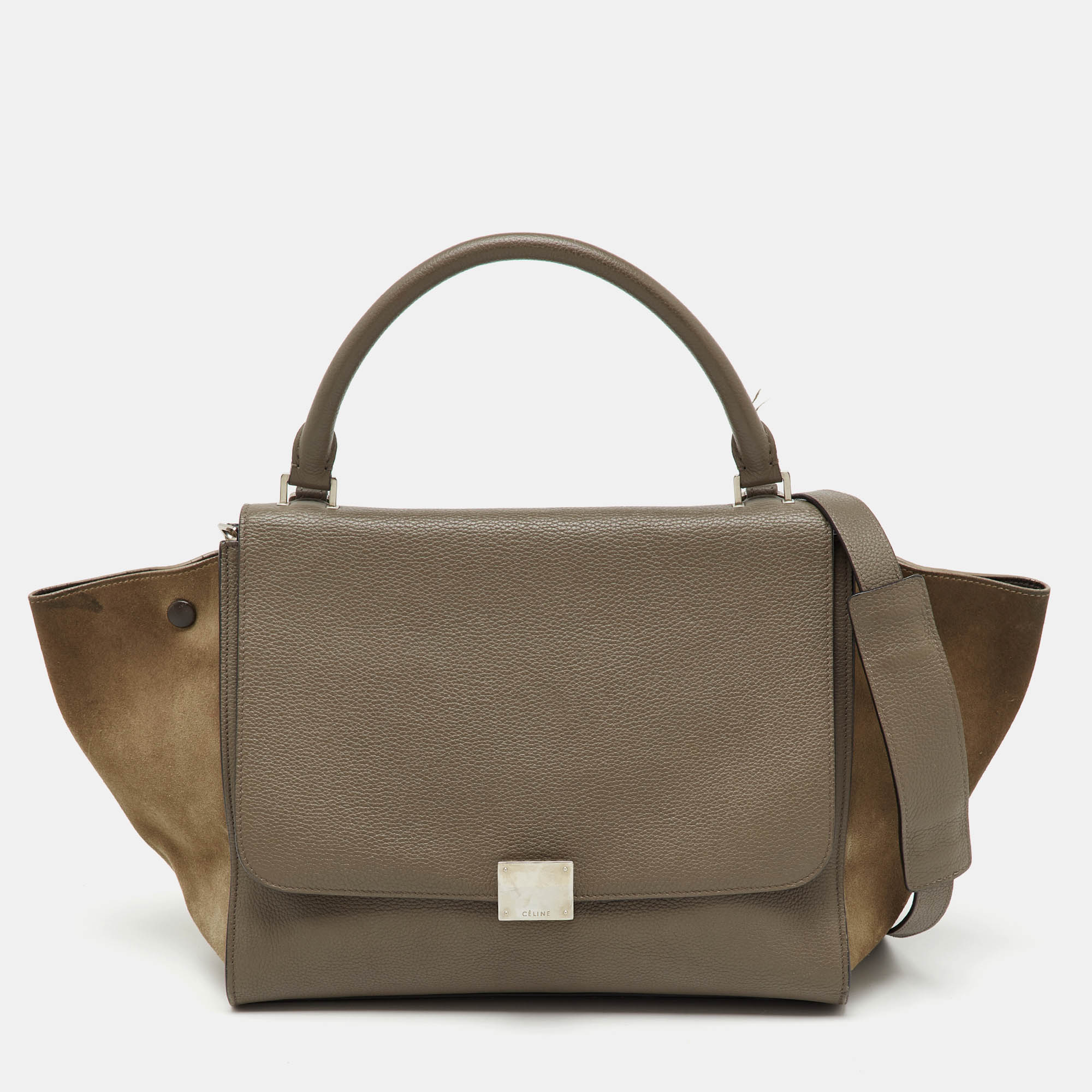 Pre Owned Celine Taupe Grey/Brown Leather and Suede Medium Trapeze Top Handle Bag