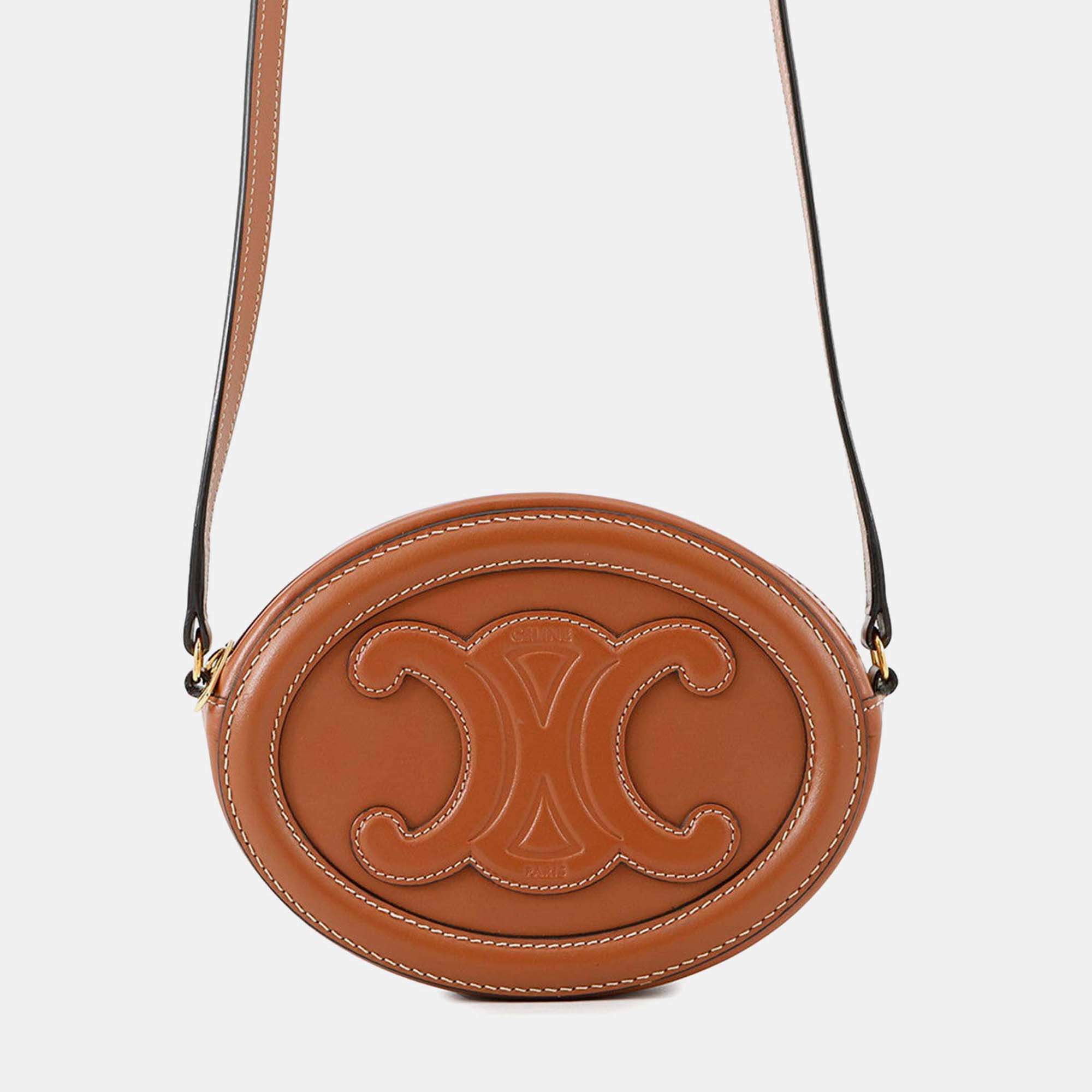 Pre Owned Celine Oval Purse Cuir Triomphe Shoulder Bag Tan Leather