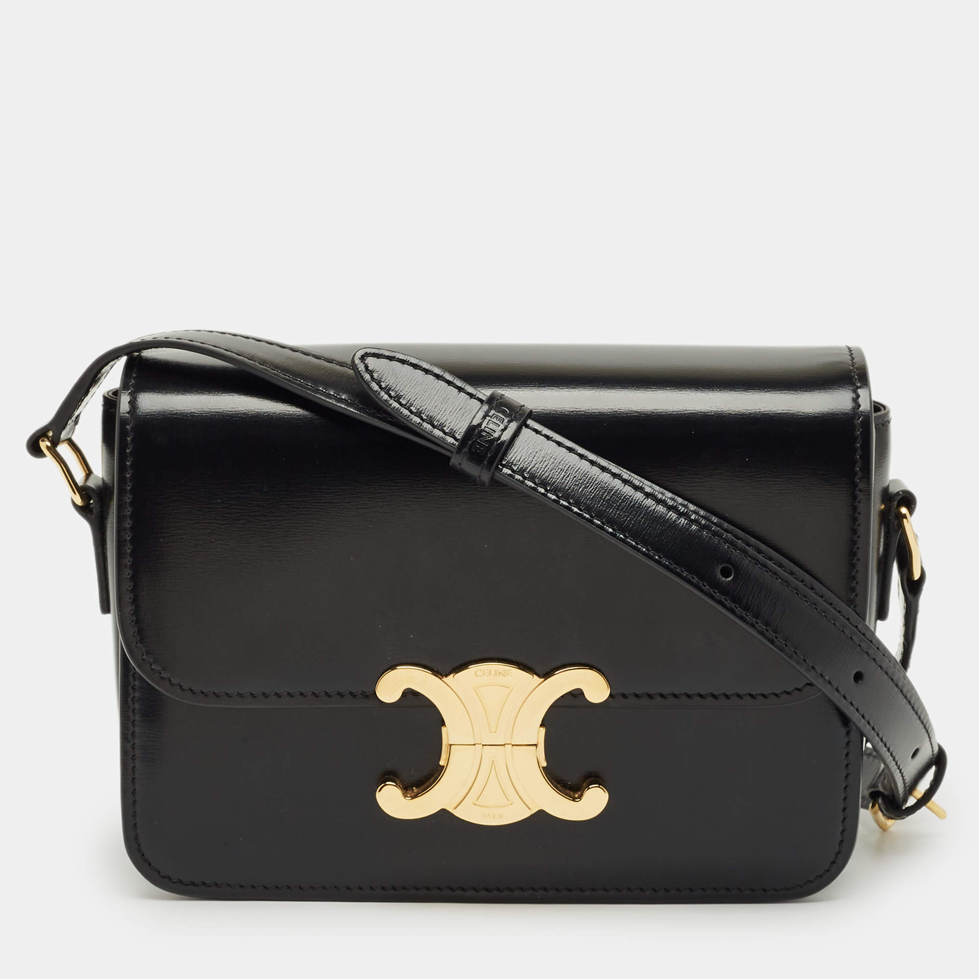 Pre Owned Celine Black Glossy Leather Teen Triomphe Shoulder Bag