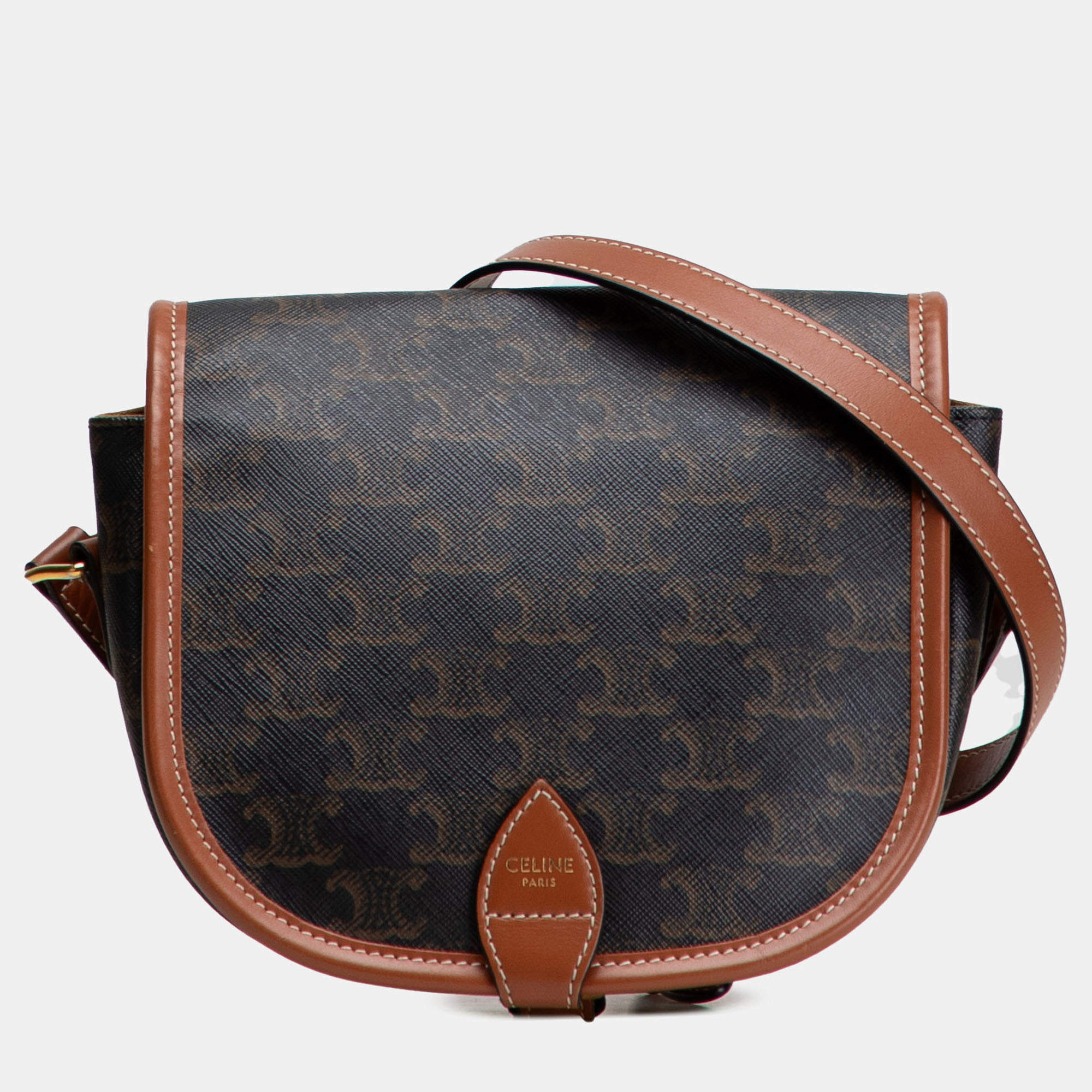 Pre Owned Celine Brown Medium Triomphe Coated Canvas Folco Crossbody